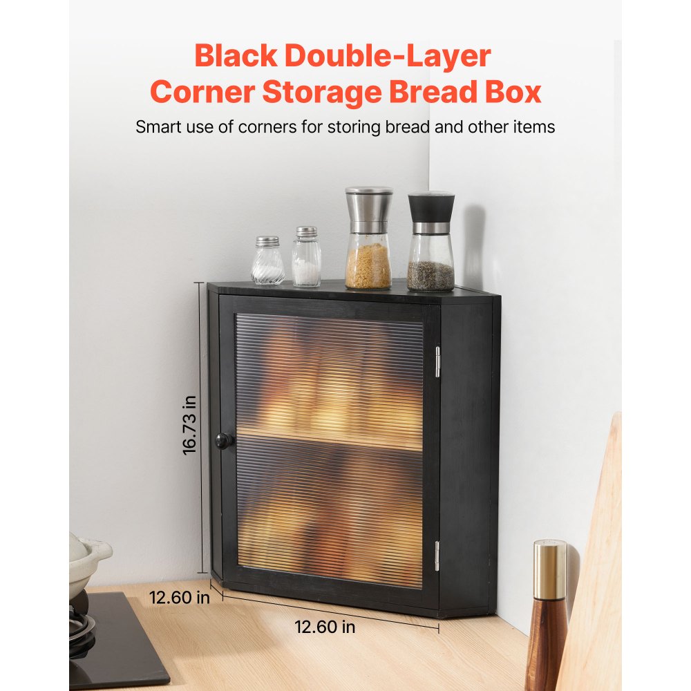 VEVOR Contenitore per Pane Angolare a Doppio Strato 320 x 320 x 425 mm Contenitore per Pagnotta in Legno di Bambù per Pane Fatto in Casa, con Pannello Porta in Acrilico Ondulato, Nero