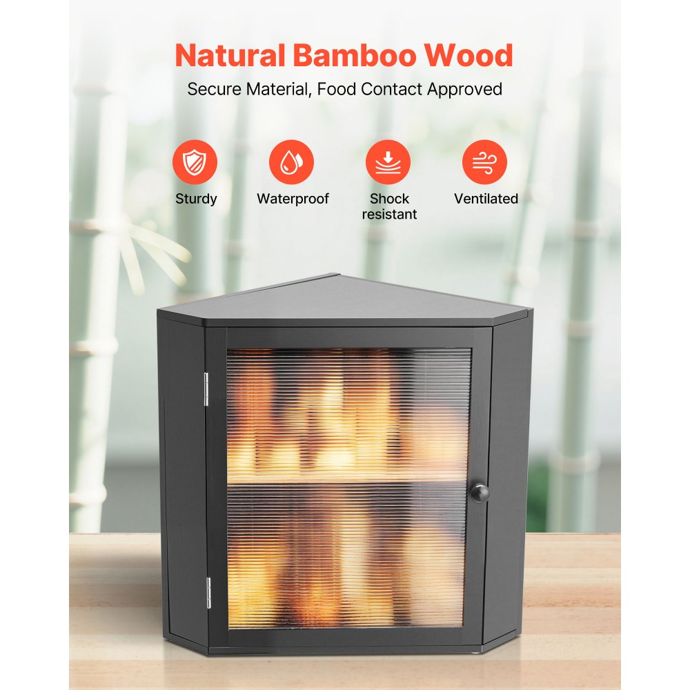 VEVOR Contenitore per Pane Angolare a Doppio Strato 320 x 320 x 425 mm Contenitore per Pagnotta in Legno di Bambù per Pane Fatto in Casa, con Pannello Porta in Acrilico Ondulato, Nero