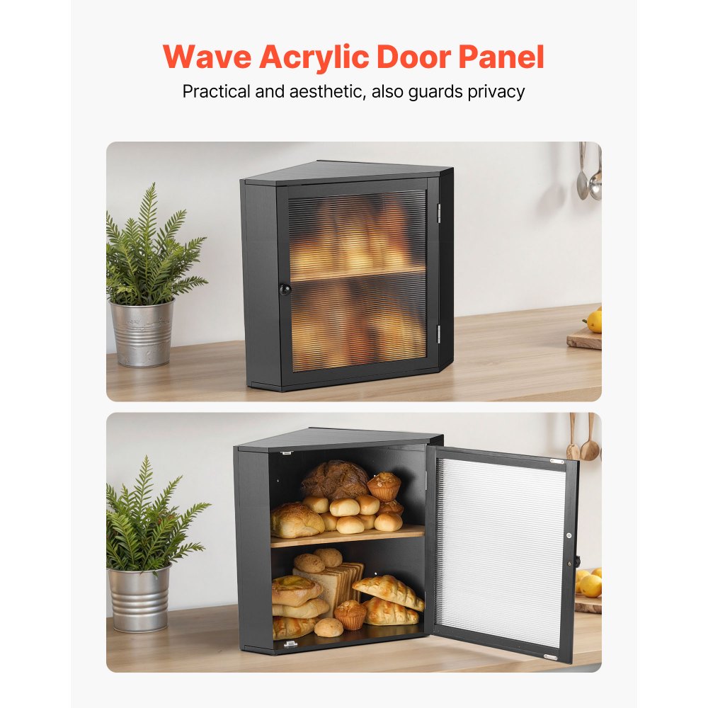 VEVOR Contenitore per Pane Angolare a Doppio Strato 320 x 320 x 425 mm Contenitore per Pagnotta in Legno di Bambù per Pane Fatto in Casa, con Pannello Porta in Acrilico Ondulato, Nero