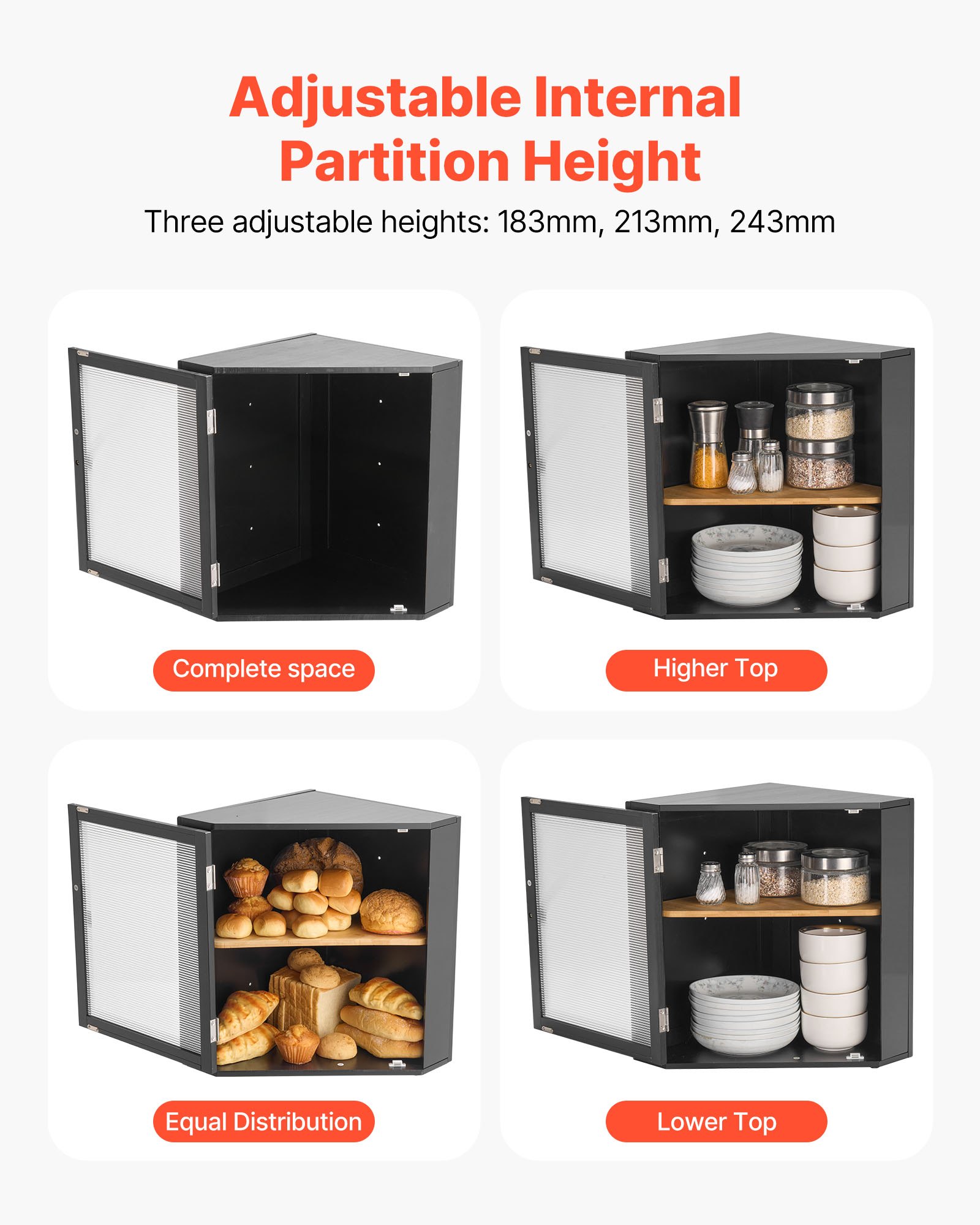 VEVOR Contenitore per Pane Angolare a Doppio Strato 320 x 320 x 425 mm Contenitore per Pagnotta in Legno di Bambù per Pane Fatto in Casa, con Pannello Porta in Acrilico Ondulato, Nero