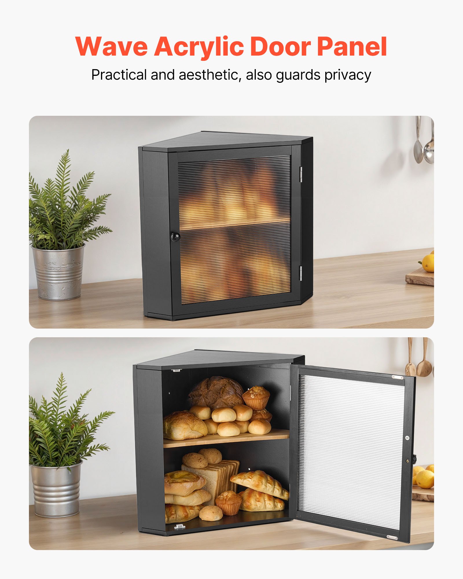VEVOR Corner Bread Box for Kitchen Counter, Double Layer Large Capacity Bamboo Bread Storage Container, Farmhouse Wooden Breadbox for Homemade Bread, Storage Holder Bin with Acrylic Wavy Door, Black