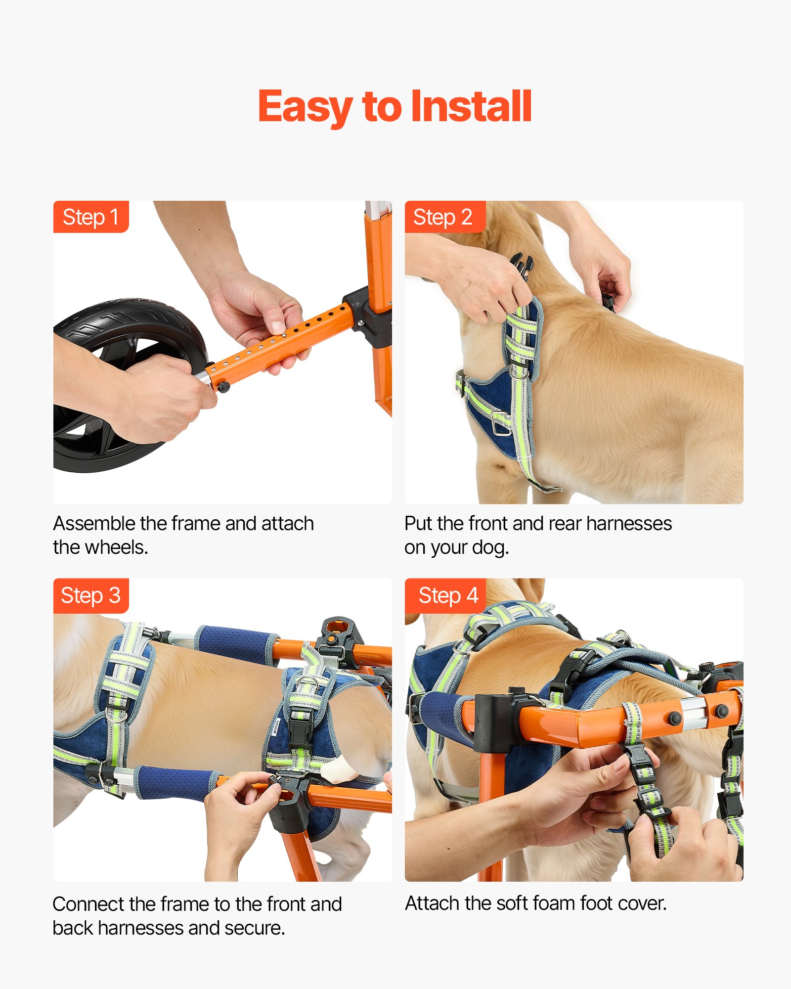 VEVOR Carrozzina a 2 Ruote Regolabile per Cani di Taglia Media, Sedia a Rotelle a 2 Ruote per Cani, Altezza, Larghezza e Lunghezza Regolabile, per Animali Disabili e Feriti con Supporto Posteriore