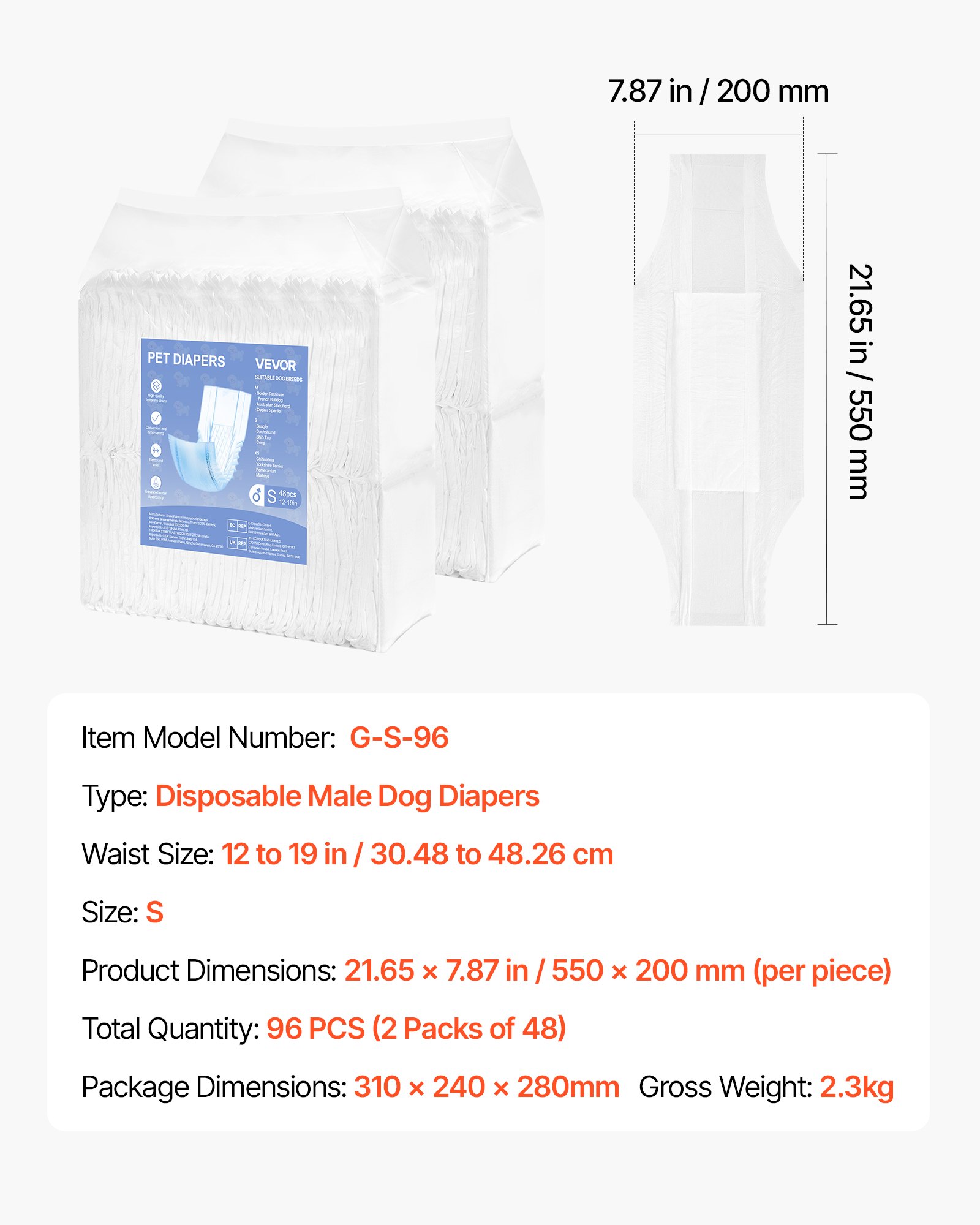 VEVOR Pannolini Usa e Getta per Cani Maschi, Fasce Addominali a Prova di Perdite a 360° Pannolini Monouso per Cani, con Indicatore di Umidità per Cagnolini Maschi, Taglia S, 96 PZ, 2 Confezioni da 48