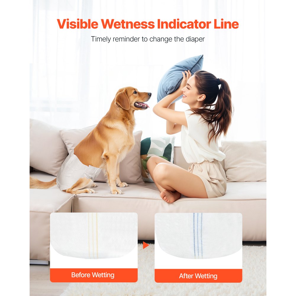 VEVOR Pannolini Monouso per Cani, Super Assorbenti per Cani Femmine, Pannolini a Prova di Perdite a 360° con Indicatore di Umidità per Addestramento, Taglia M, 96 Pezzi, 2 Confezioni da 48