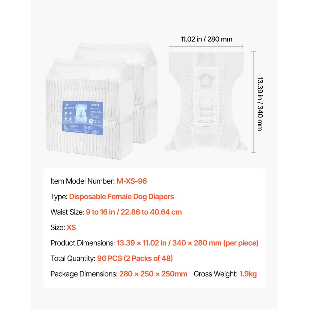 VEVOR Pannolini Monouso per Cani, Super Assorbenti per Cani Femmine, Pannolini a Prova di Perdite a 360° con Indicatore di Umidità per Addestramento, XS, 96 Pezzi, 2 Confezioni da 48