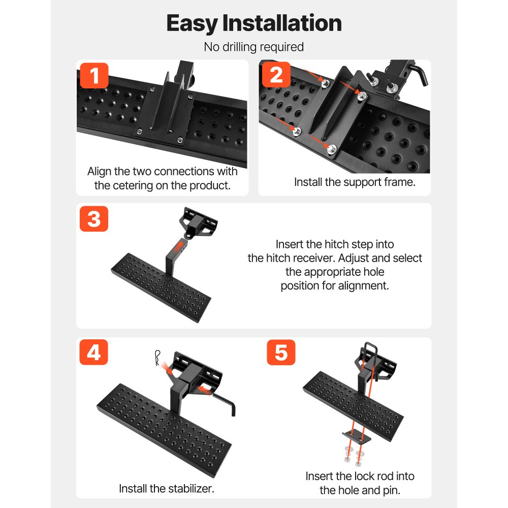 VEVOR Hitch Step for 5 cm Receiver, Universal Rear Bumper Guard Protector with 159 kg Load Capacity, Wide & Non-Slip Tow Hitch Step with Pin Kit and Stabilizer, Fit for Pickup, Trailer, Truck, SUV