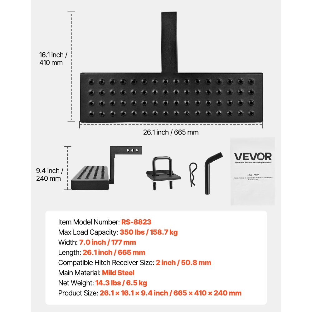 VEVOR Hitch Step for 5 cm Receiver, Universal Rear Bumper Guard Protector with 159 kg Load Capacity, Wide & Non-Slip Tow Hitch Step with Pin Kit and Stabilizer, Fit for Pickup, Trailer, Truck, SUV