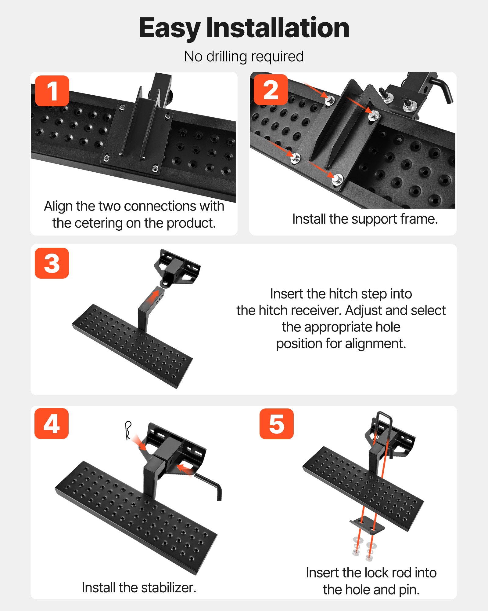 VEVOR Hitch Step for 5 cm Receiver, Universal Rear Bumper Guard Protector with 159 kg Load Capacity, Wide & Non-Slip Tow Hitch Step with Pin Kit and Stabilizer, Fit for Pickup, Trailer, Truck, SUV