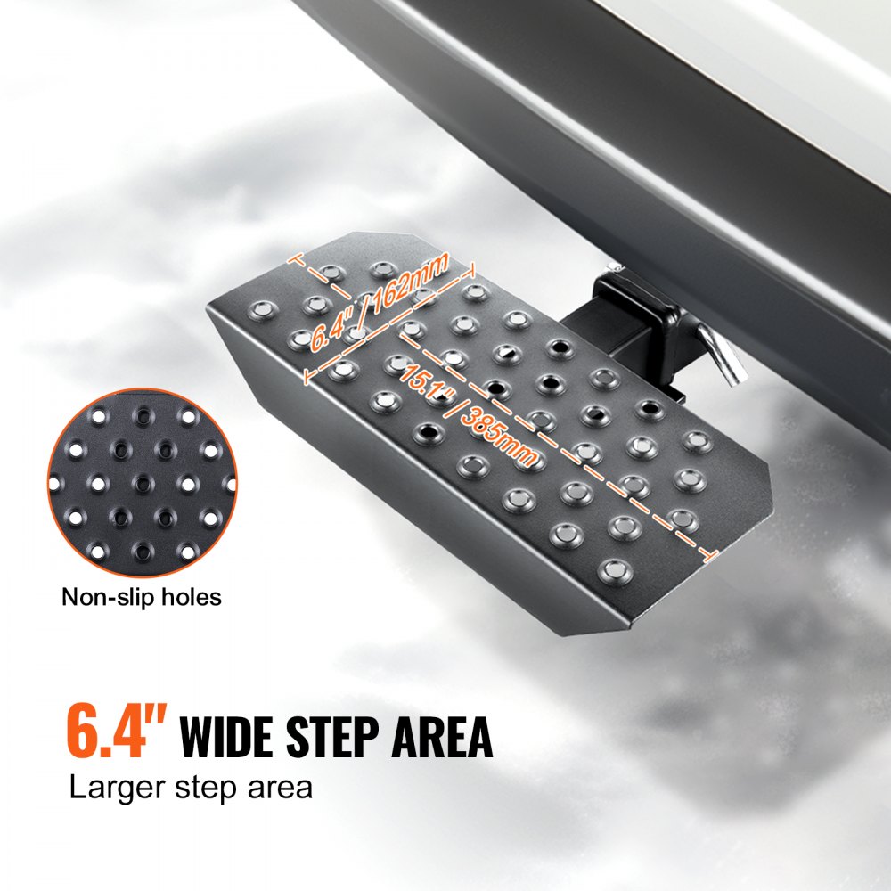 VEVOR towbar step for 50.8 mm receivers, robust steel construction with 158.7 kg load capacity, rear bumper protector with pin locking mechanism, 385 mm long for trucks, SUVs, pickups, and trailers