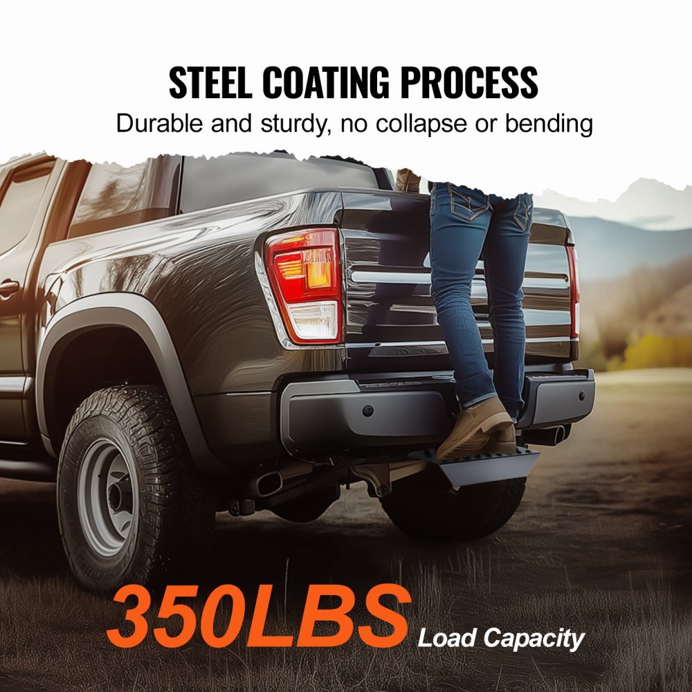 VEVOR towbar step for 50.8 mm receivers, robust steel construction with 158.7 kg load capacity, rear bumper protector with pin locking mechanism, 385 mm long for trucks, SUVs, pickups, and trailers