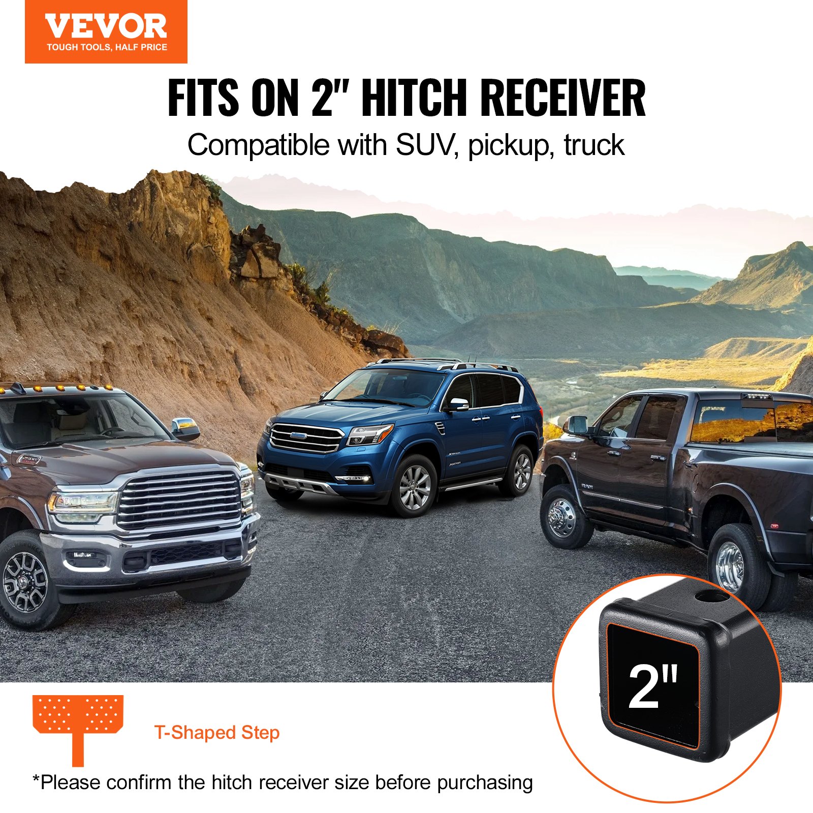 VEVOR towbar step for 50.8 mm receivers, robust steel construction with 158.7 kg load capacity, rear bumper protector with pin locking mechanism, 385 mm long for trucks, SUVs, pickups, and trailers