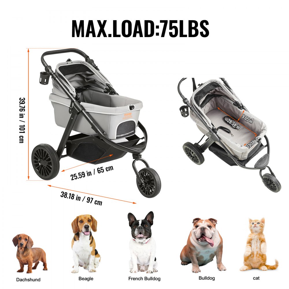 VEVOR Passeggino per Cani 3 Ruote Girevoli in PU Passeggino per Animali Carico max. 34 kg, Carrello Passeggino per Gatti con Freni Cestino Portaoggetti Cuscino per Cani di Piccola/Media Taglia, Grigio