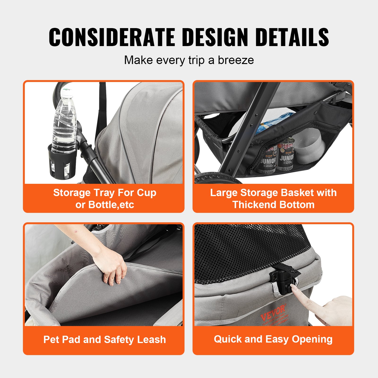 VEVOR Passeggino per Cani 3 Ruote Girevoli in PU Passeggino per Animali Carico max. 34 kg, Carrello Passeggino per Gatti con Freni Cestino Portaoggetti Cuscino per Cani di Piccola/Media Taglia, Grigio