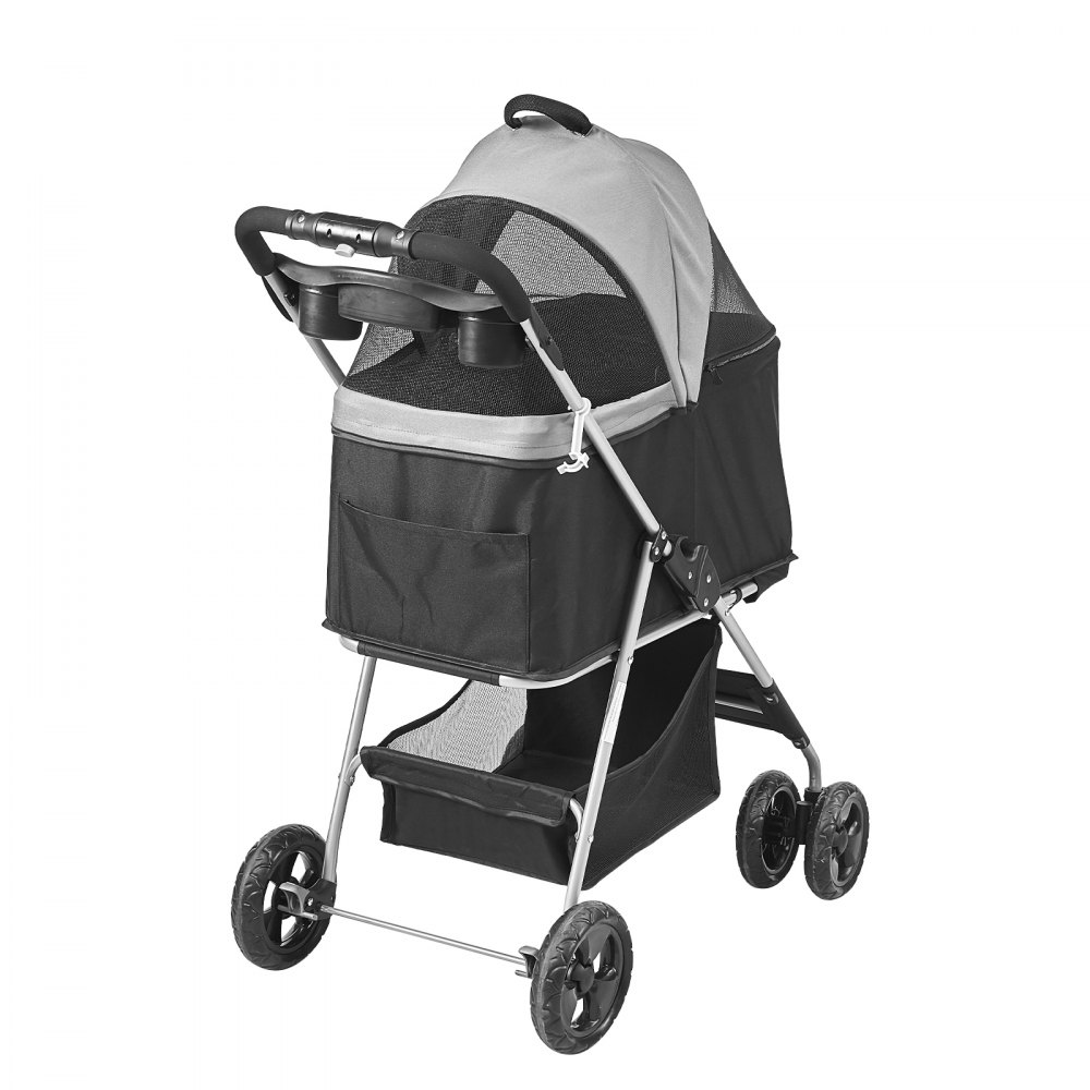 VEVOR Passeggino per Cani 4 Ruote con Parapioggia, Passeggino per Animali Portata 16kg ca., Passeggino per Animali Domestici con Cestello Portaoggetti, Carrello Pieghevole per Gatti Cani Colore Grigio