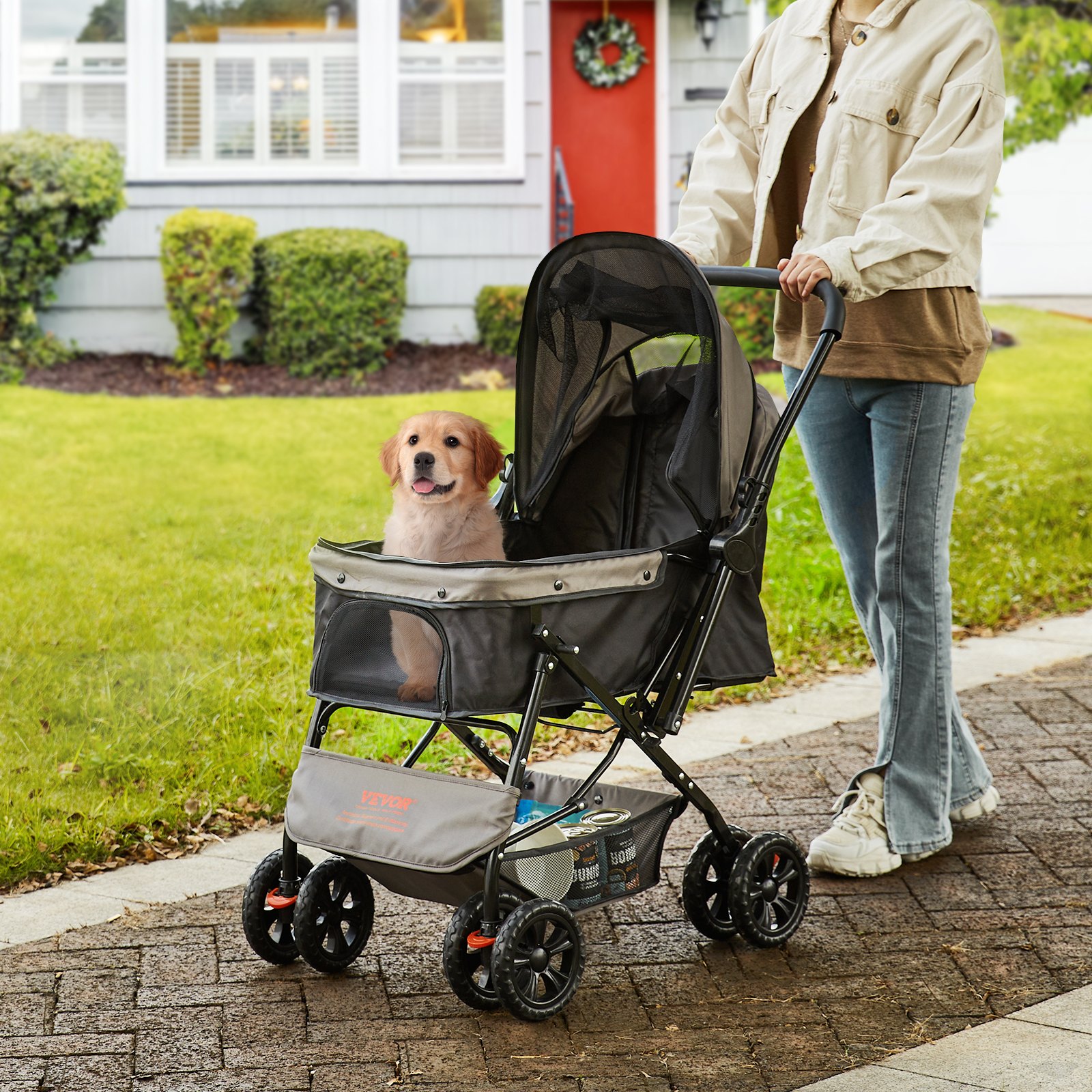 VEVOR Passeggino per Cani 4 Ruote con Parapioggia, Passeggino per Animali Portata 20 kg ca., Passeggino per Animali Domestici con Cestello Portaoggetti, Carrello Pieghevole per Gatti Cani Colore Nero