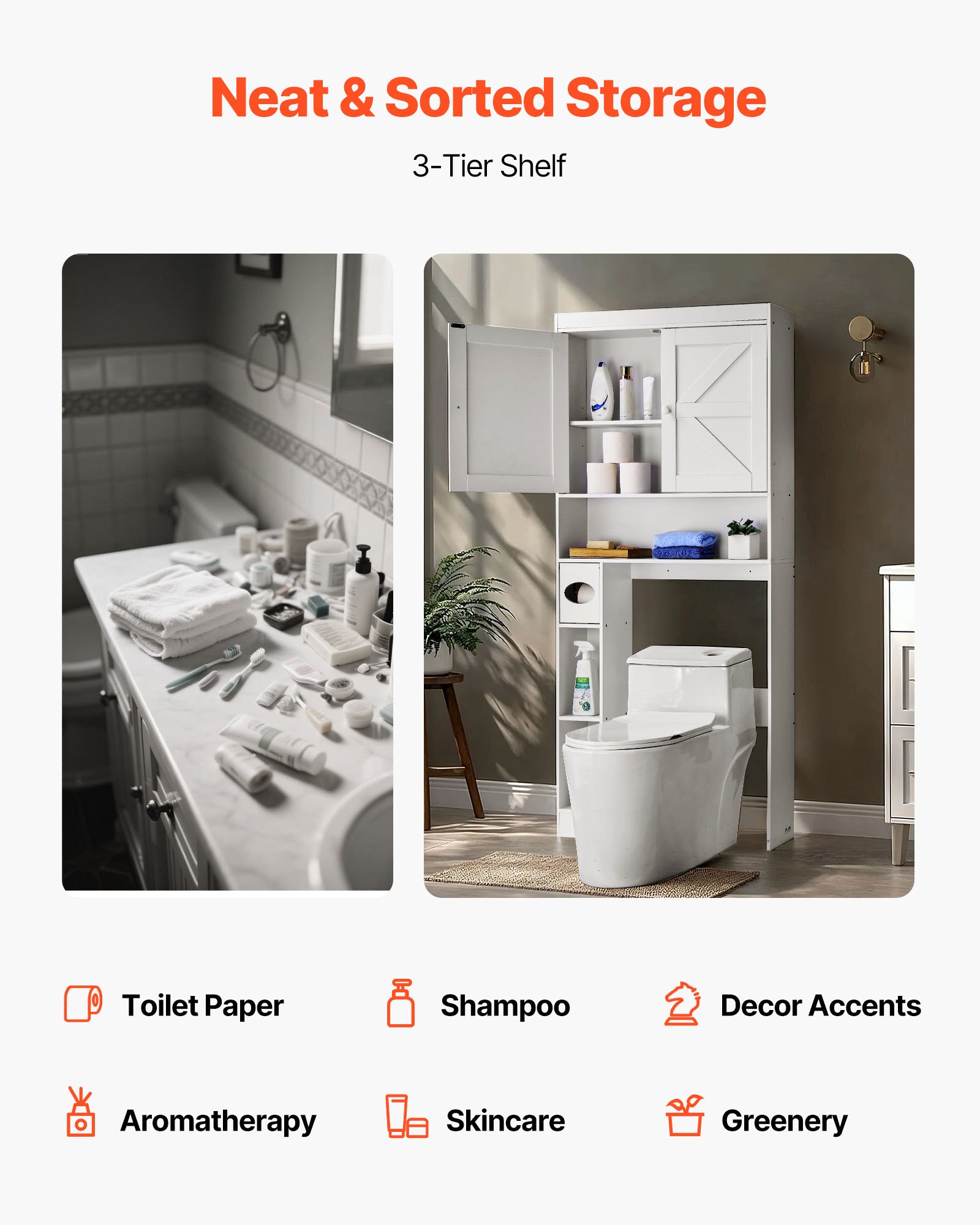 VEVOR Mobiletto Portaoggetti Sopra WC 1713 x 815 x 195 mm Organizzatore per Bagno, Capacità di Carico di 30 kg con Doppia Anta e Ripiano Regolabile, Mobile da Bagno con Ripiano Aperto, Bianco