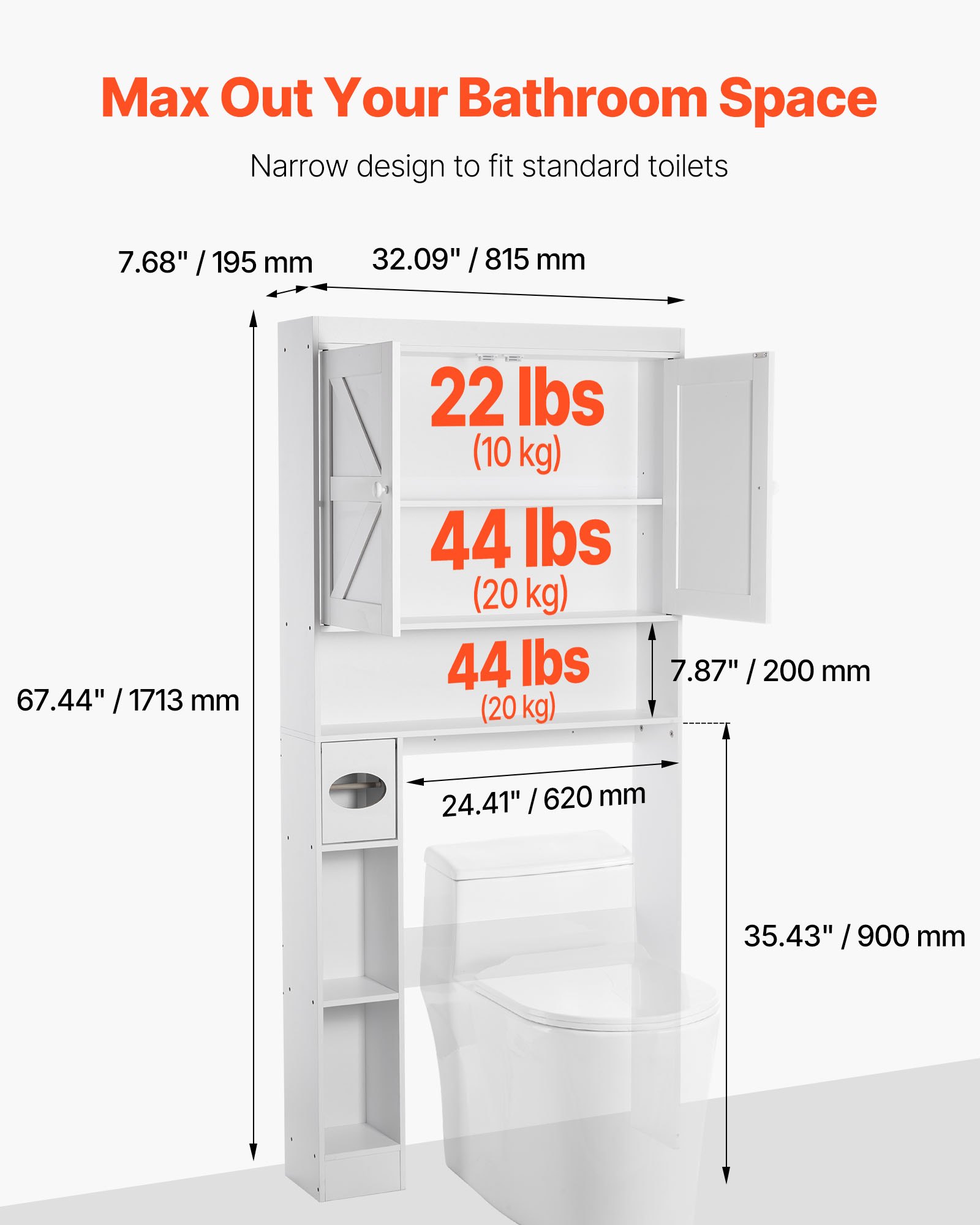 VEVOR Over The Toilet Storage Cabinet, 171.3 cm Height Bathroom Storage Organizer with Double Door and Adjustable Shelf, Bathroom Space Saver Organizer Above Toilet with Open Shelf, White