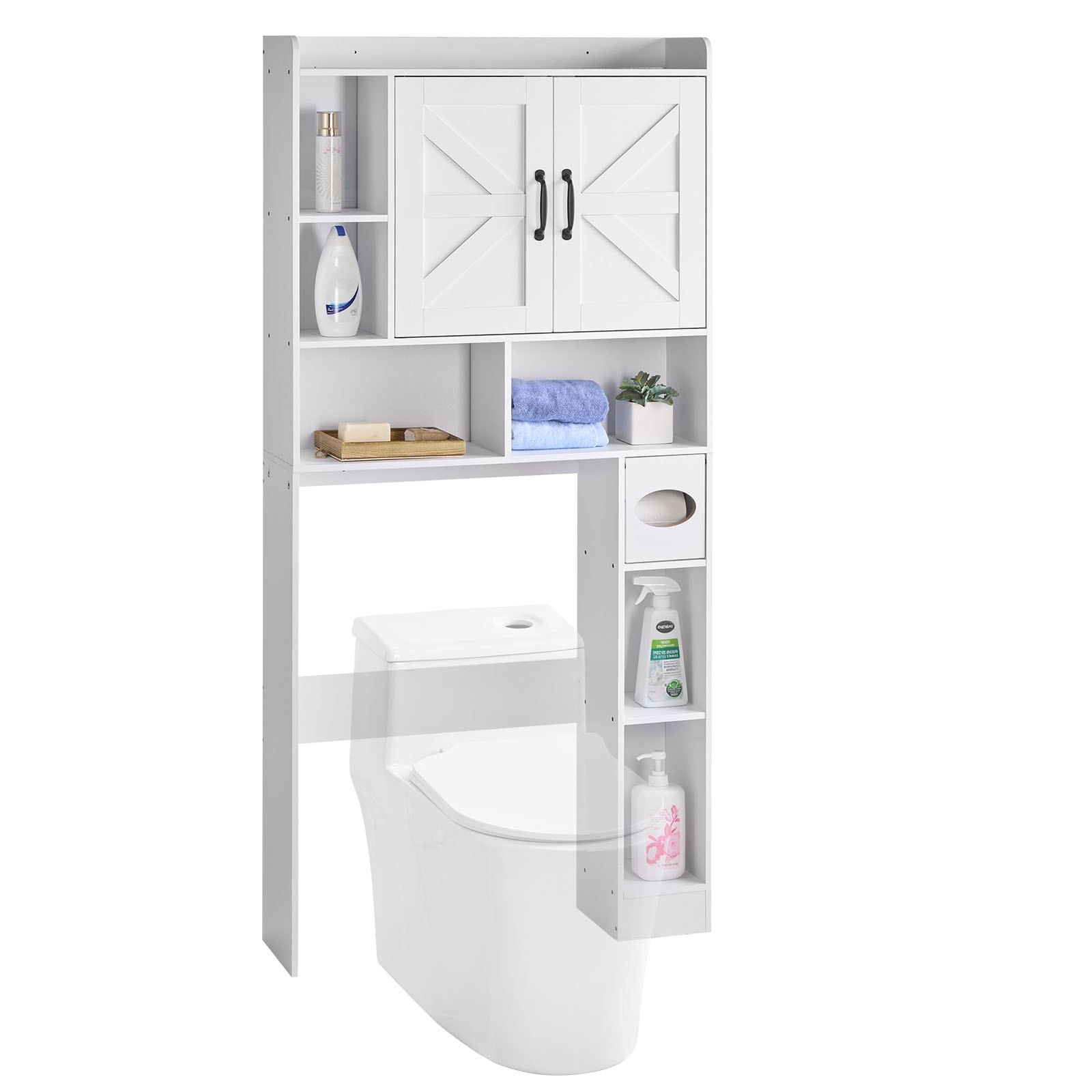 VEVOR Over The Toilet Storage Cabinet, 168 cm Height Bathroom Storage Organizer with Double Door and Adjustable Shelf, Bathroom Space Saver Organizer Above Toilet with Open Shelf, White