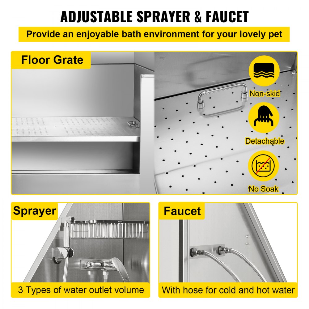 VEVOR Vasca da Bagno con Porta Scorrevole per Animali Domestici in Acciaio Inox Capacità Carico Max. da 300kg, Vasca da Bagno per Animali Lunghezza Massima di 149,9 cm con Porta Scorrevole Peso 75kg