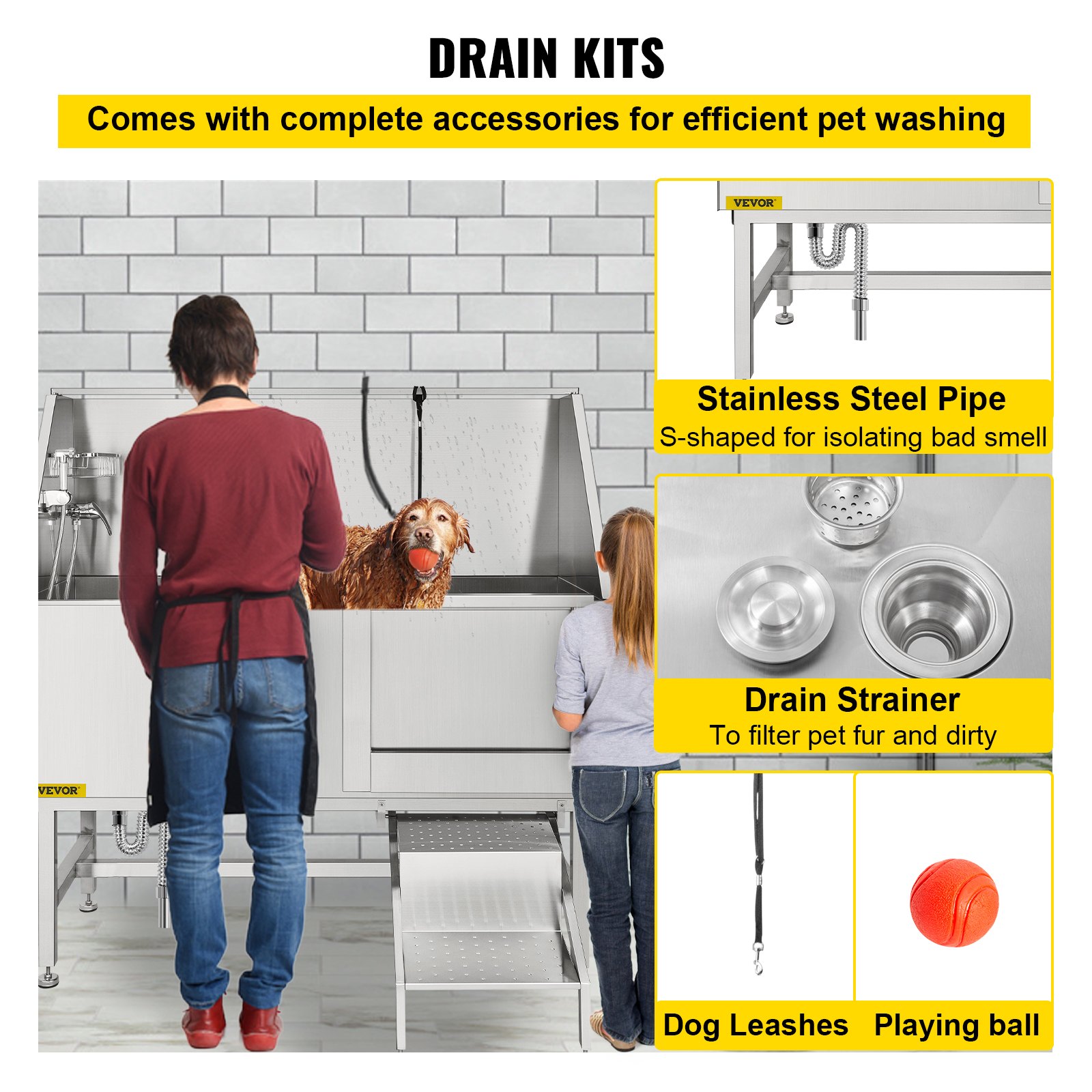 VEVOR Vasca da Bagno con Porta Scorrevole per Animali Domestici in Acciaio Inox Capacità Carico Max. da 300kg, Vasca da Bagno per Animali Lunghezza Massima di 149,9 cm con Porta Scorrevole Peso 75kg