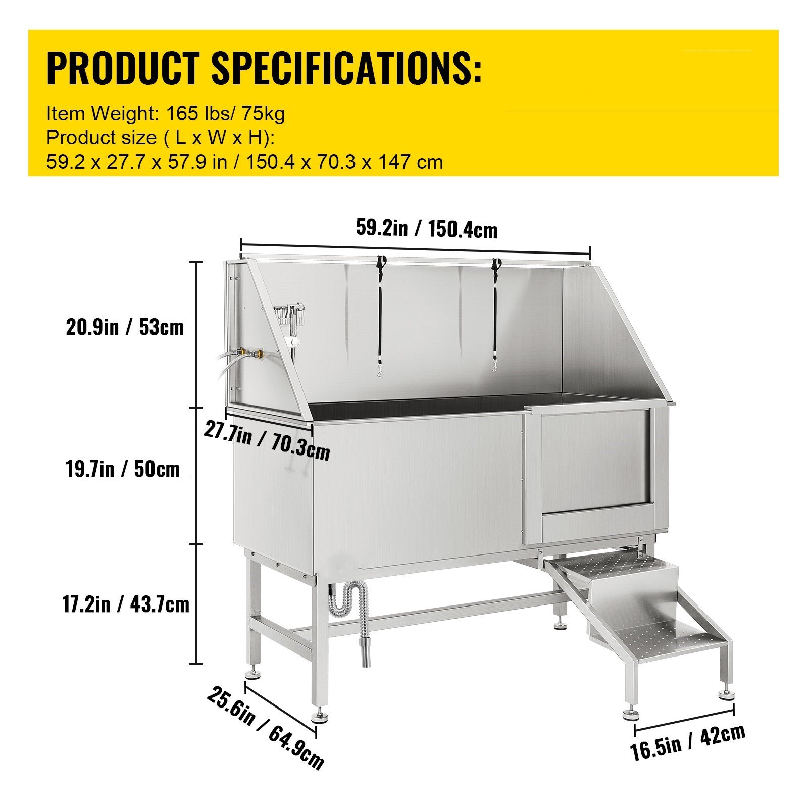 VEVOR Vasca da Bagno con Porta Scorrevole per Animali Domestici in Acciaio Inox Capacità Carico Max. da 300kg, Vasca da Bagno per Animali Lunghezza Massima di 149,9 cm con Porta Scorrevole Peso 75kg