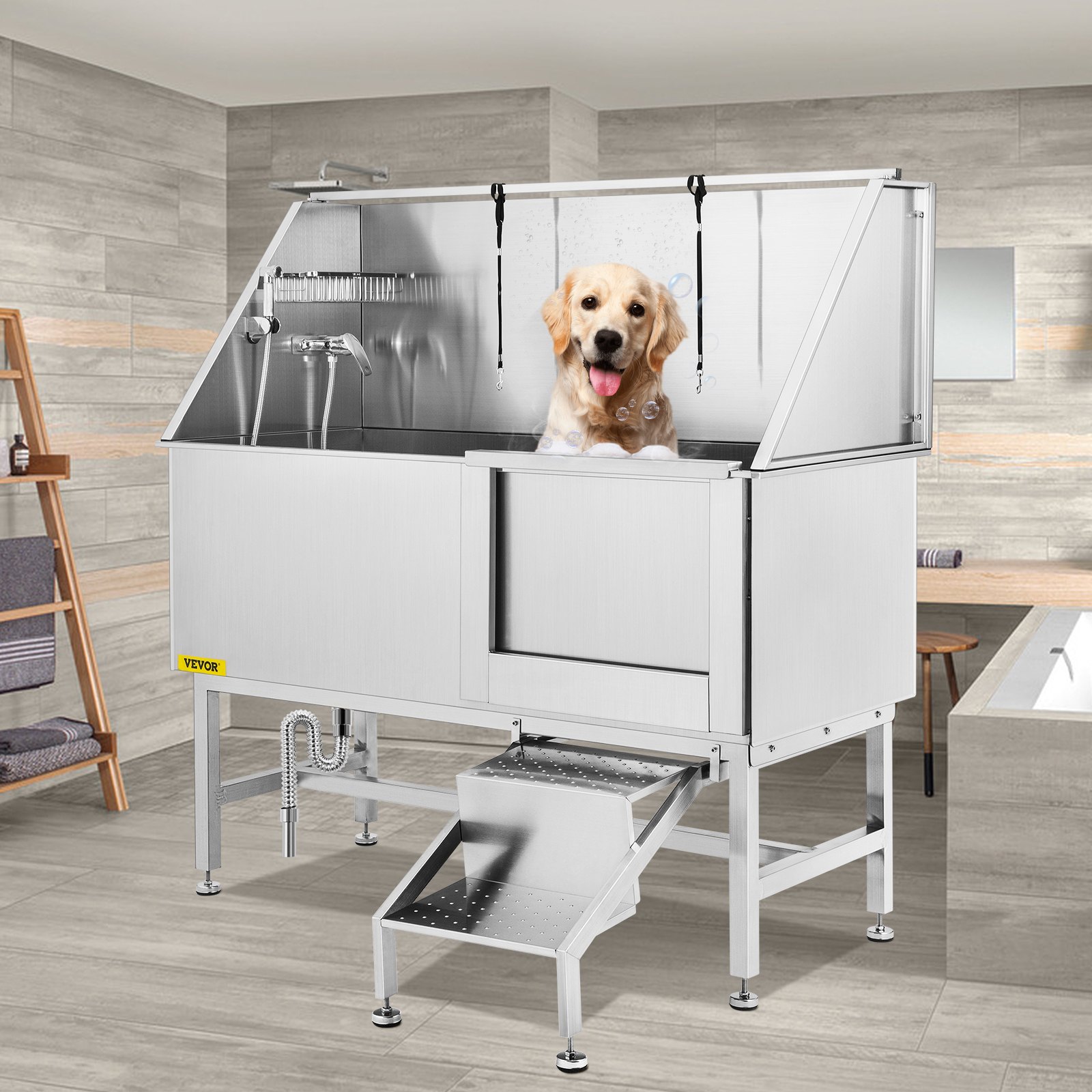 VEVOR Vasca da Bagno con Porta Scorrevole per Animali Domestici in Acciaio Inox Capacità Carico Max. da 300kg, Vasca da Bagno per Animali Lunghezza Massima di 149,9 cm con Porta Scorrevole Peso 75kg