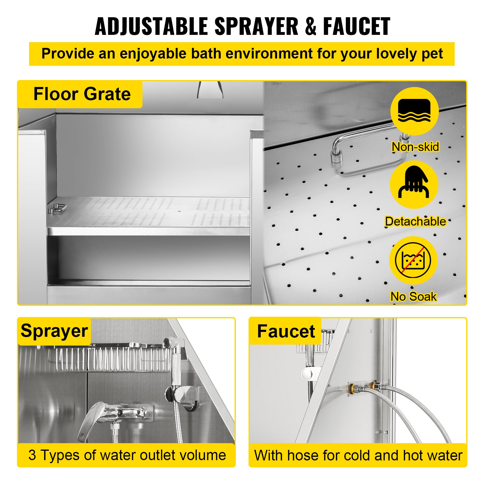 VEVOR Vasca da Bagno con Porta Scorrevole per Animali Domestici in Acciaio Inox Capacità Carico Max. da 300kg, Vasca da Bagno per Animali Lunghezza Massima di 149,9 cm con Porta Scorrevole Peso 75kg