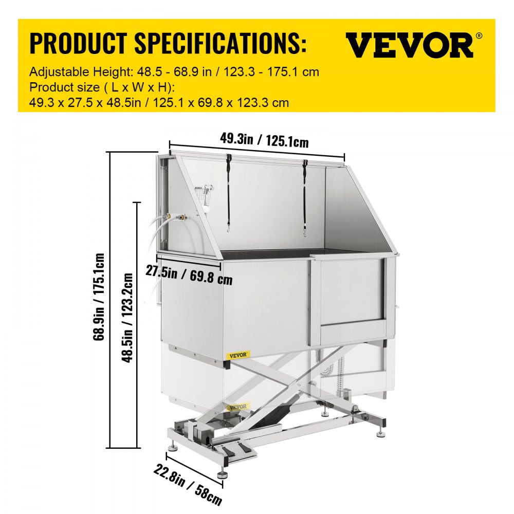 VEVOR Vasca da Bagno per Animali Domestici Altezza Regolabile Elettrico in Acciaio Inox, Vasca da Bagno Carico Max. 100kg Lunghezza Max. 124,5cm, Vasca da Bagno Elettrica in Acciaio Inox per Animali