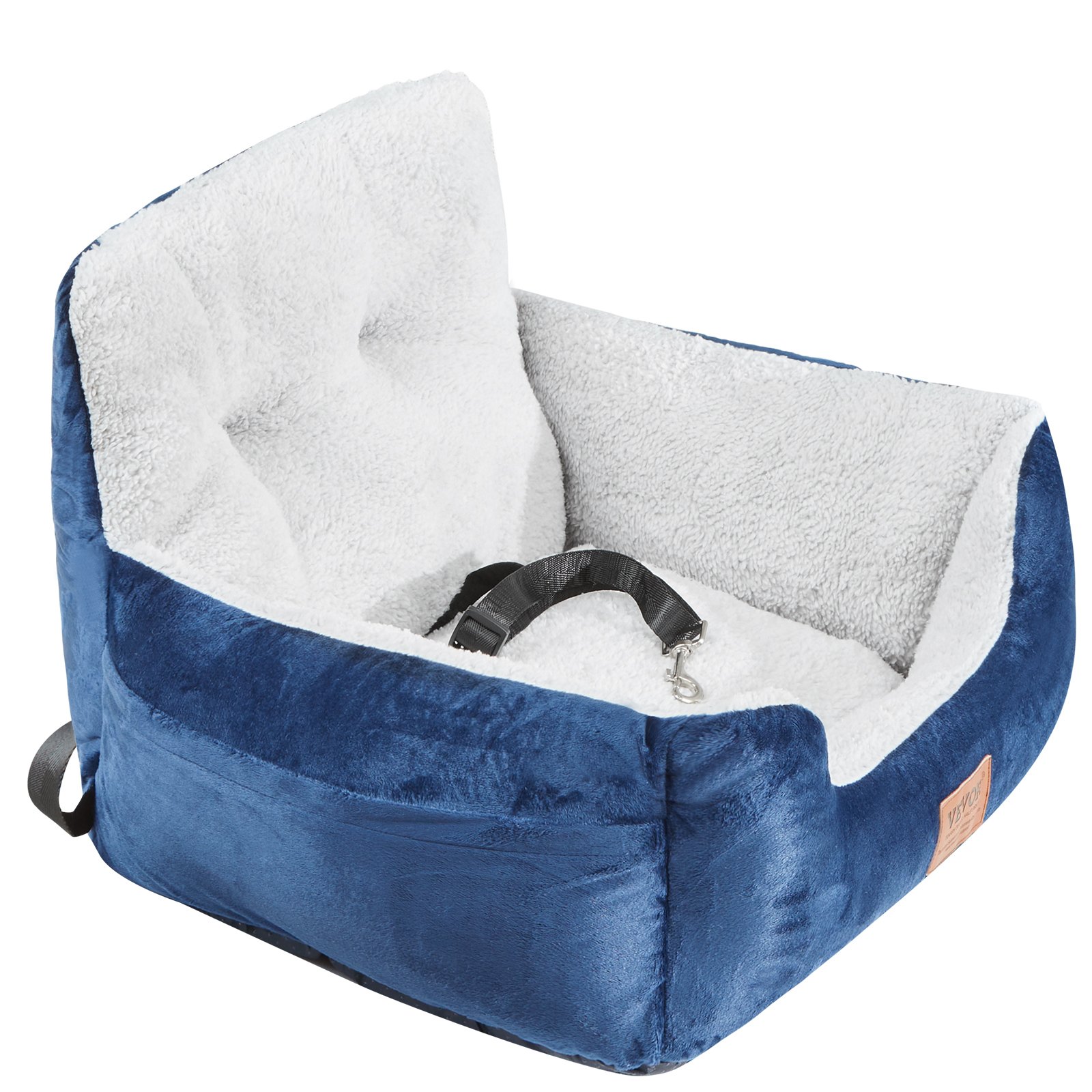 VEVOR Seggiolino Auto per Cani di Piccola Taglia 9kg, Rialzo per Cani, Schienale Alto, Tasca Portaoggetti, Guinzaglio di Sicurezza con Clip, Imbottitura in Cotone PP, Cuccia, Blu Scuro Grigio