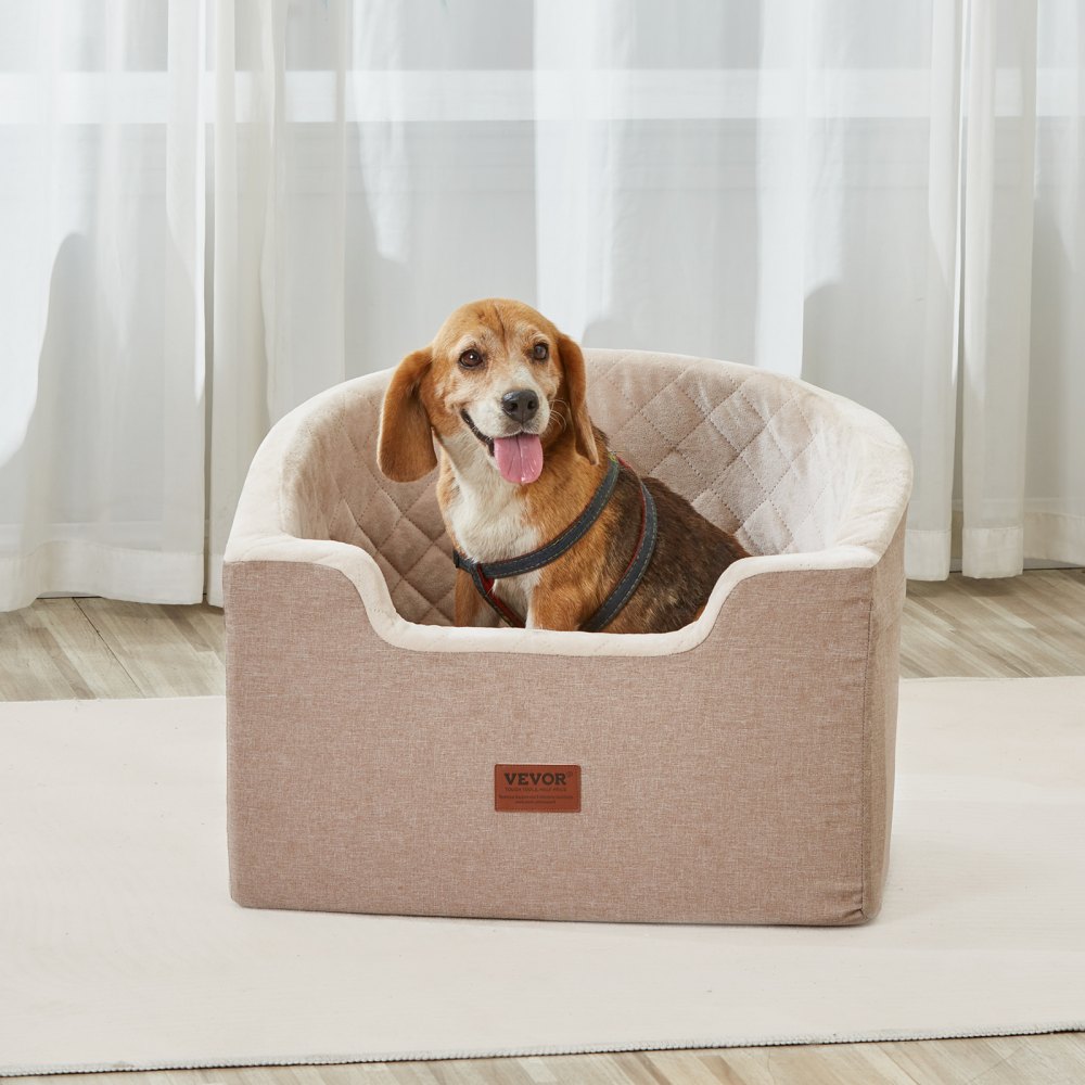 VEVOR Seggiolino Auto per Cani di Piccola Taglia Media 25 kg, Rialzo per Cani Impermeabile, Tasca Portaoggetti, Guinzaglio di Sicurezza con Clip, Imbottitura in Spugna, Cuccia per Cani, Marrone