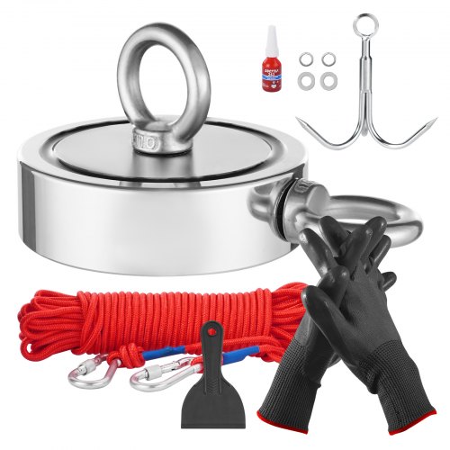 VEVOR Kit da Pesca con Magnete da 771 kg Kit da Pesca con Magnete Forte su Entrambi Lati, Kit da Pesca con Magnete al Neodimio N35 in Terre Rare Include Rampino, Corda Resistente, Golfare e Guanti
