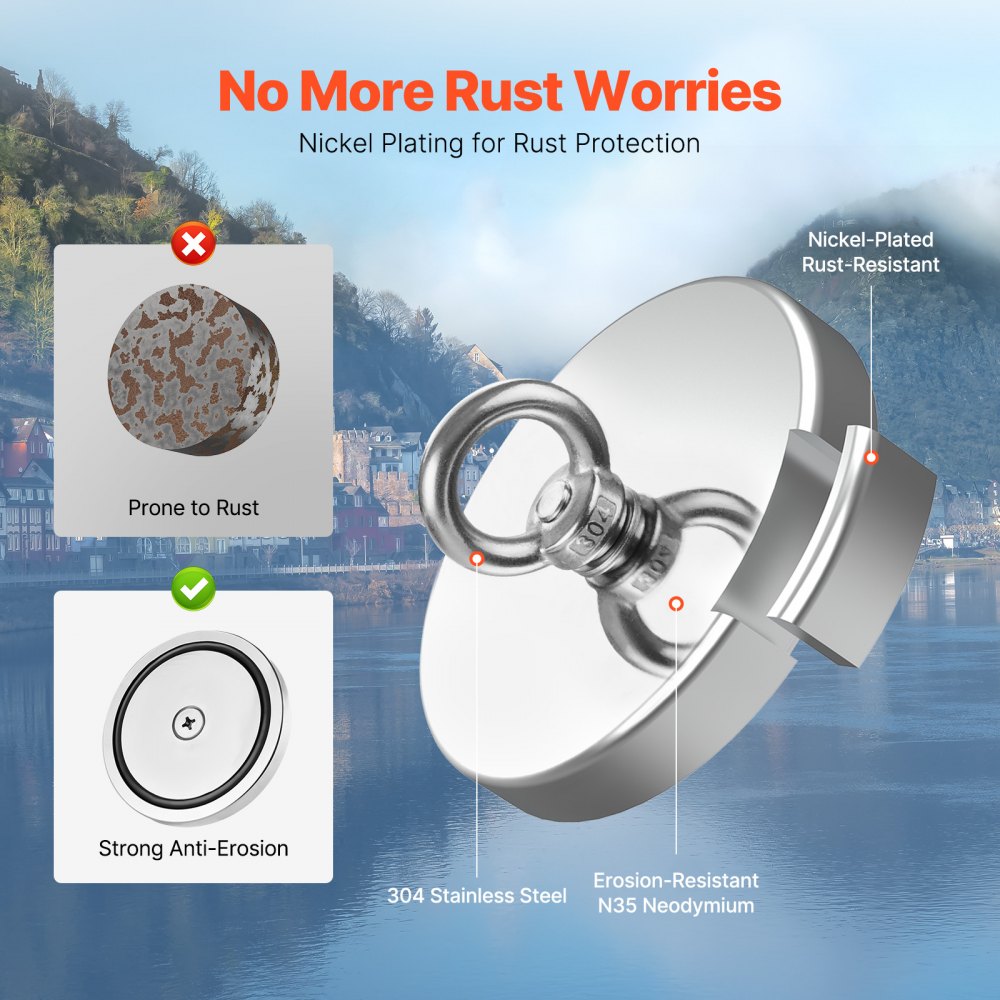 VEVOR Kit da Pesca con Magnete, Forza di Trazione su Un Lato da 590 kg Kit da Pesca con Magnete al Neodimio in Terre Rare, Kit da Pesca con Magnete Potente Include Rampino, Corda Resistente, Guanti