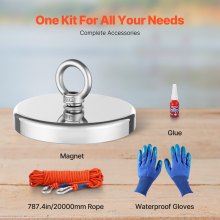 VEVOR Kit da Pesca con Magnete, Forza di Trazione su Un Lato da 590 kg Kit da Pesca con Magnete al Neodimio in Terre Rare, Kit da Pesca con Magnete Potente Include Rampino, Corda Resistente, Guanti