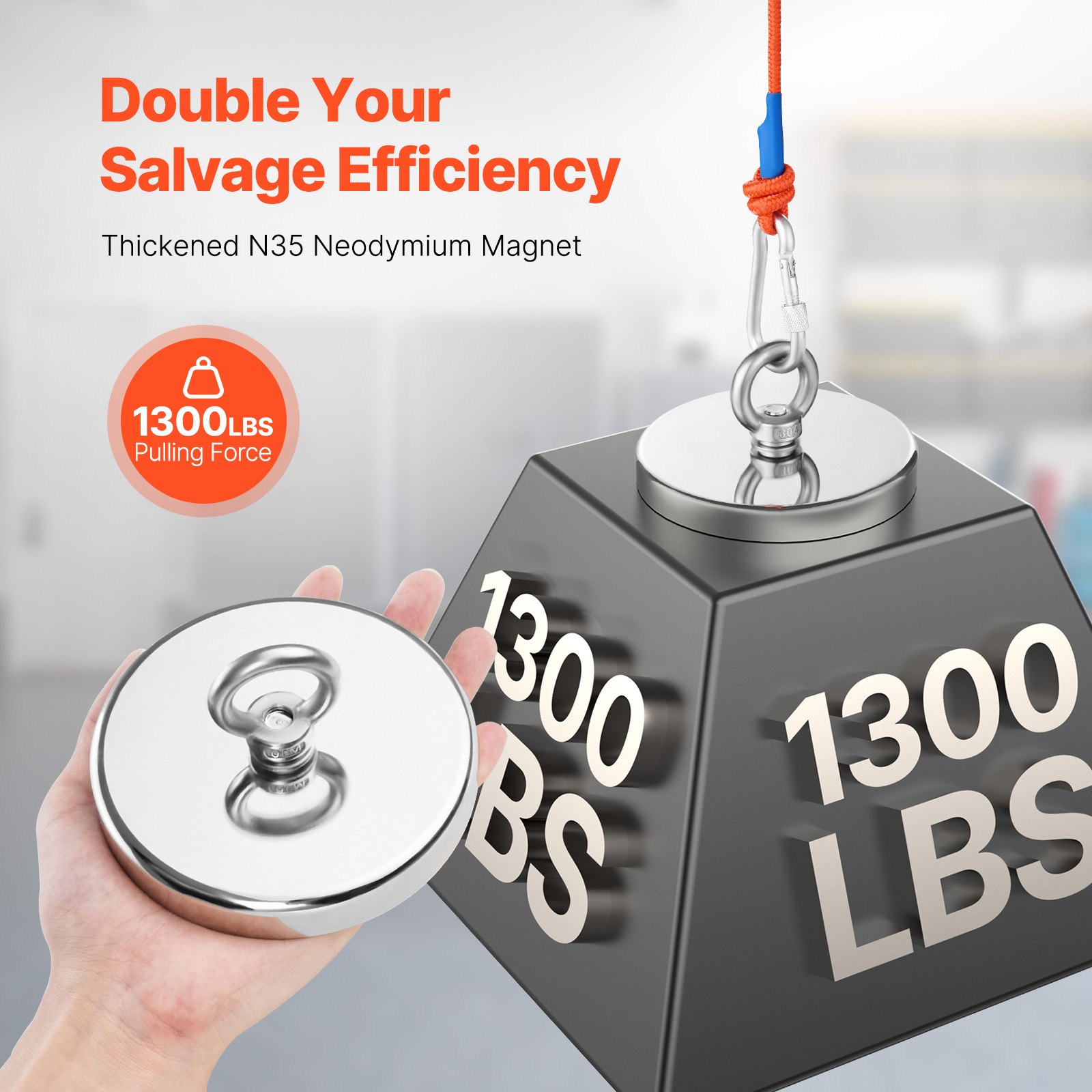 VEVOR Kit da Pesca con Magnete, Forza di Trazione su Un Lato da 590 kg Kit da Pesca con Magnete al Neodimio in Terre Rare, Kit da Pesca con Magnete Potente Include Rampino, Corda Resistente, Guanti