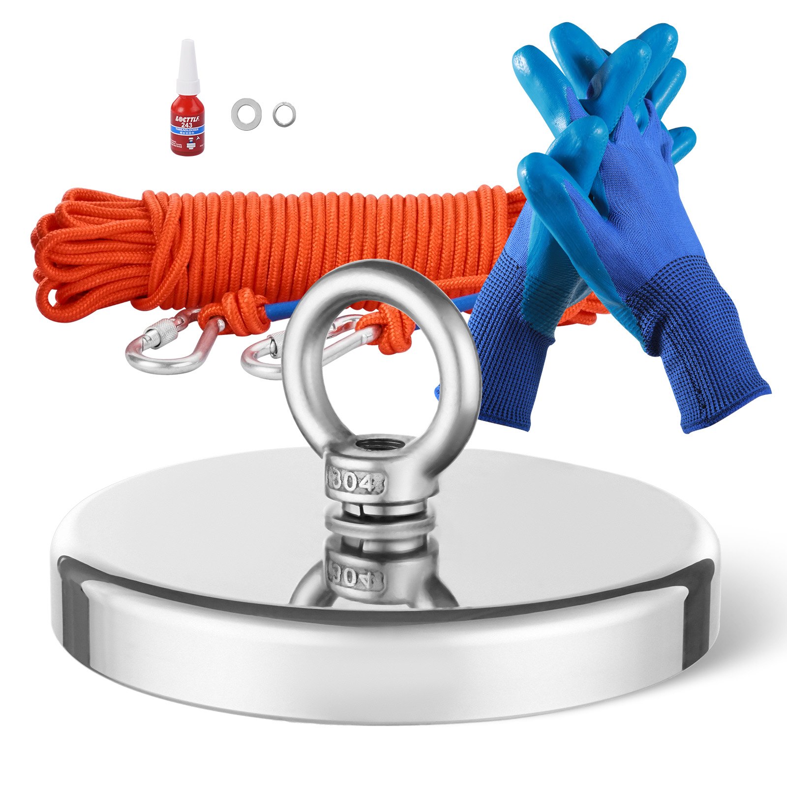 VEVOR Kit da Pesca con Magnete, Forza di Trazione su Un Lato da 590 kg Kit da Pesca con Magnete al Neodimio in Terre Rare, Kit da Pesca con Magnete Potente Include Rampino, Corda Resistente, Guanti