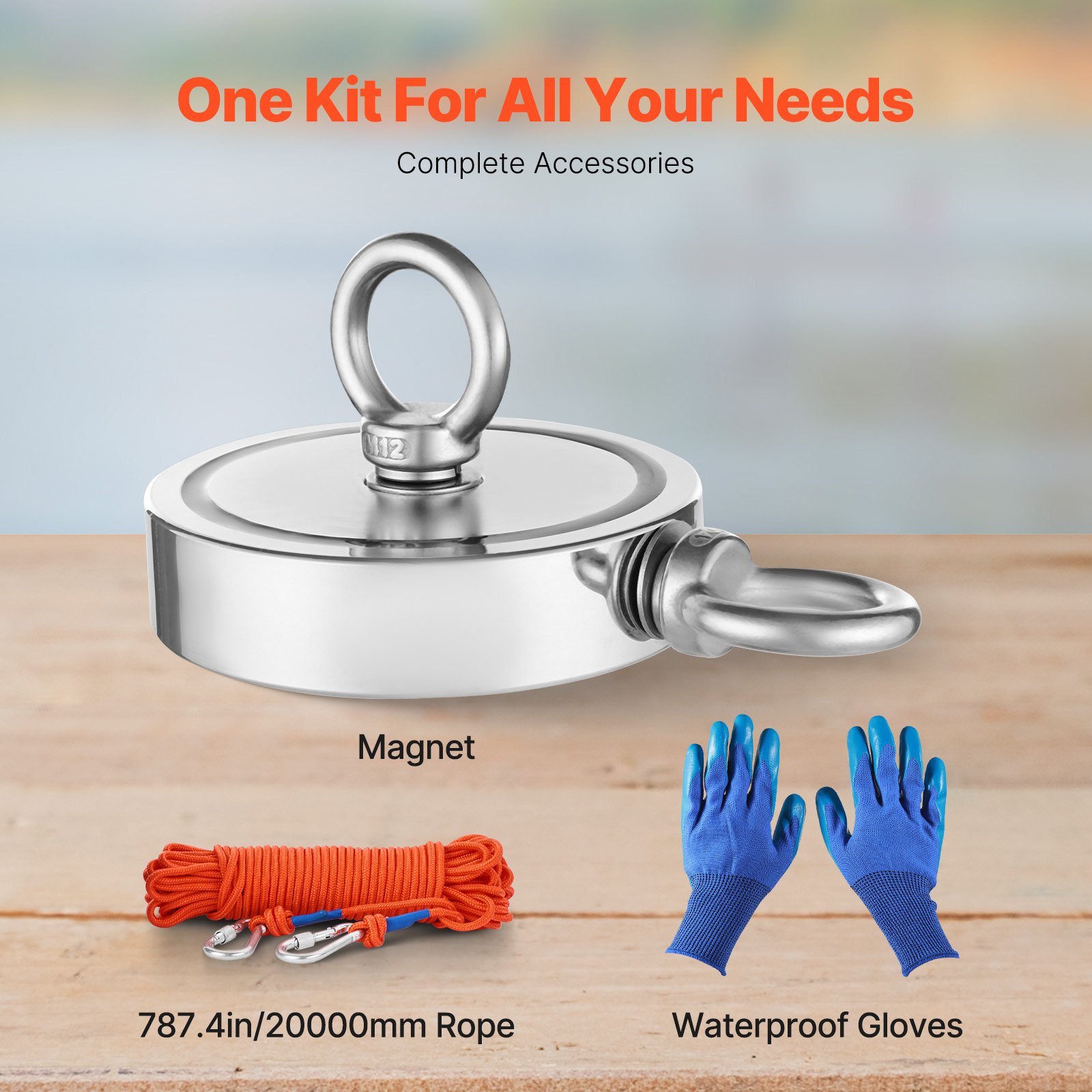 VEVOR kit da Pesca con Magnete Potente su Entrambi Lati da 907 kg Kit da Pesca con Magnete al Neodimio per Terre Rare, Kit da Pesca con Magnete, Include Rampino, Corda Resistente, Guanti e Golfare