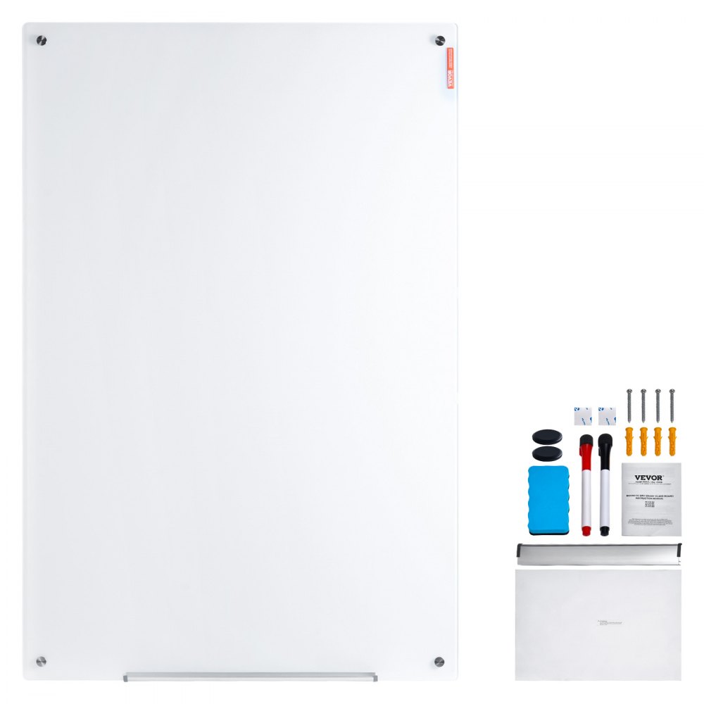 VEVOR Magnetic Glass Whiteboard, Wall-Mounted Dry Erasable Board 90 x 60 cm, Frameless White Glass Board with Pen Tray, Eraser & 2 Pens, Magnetic Board White