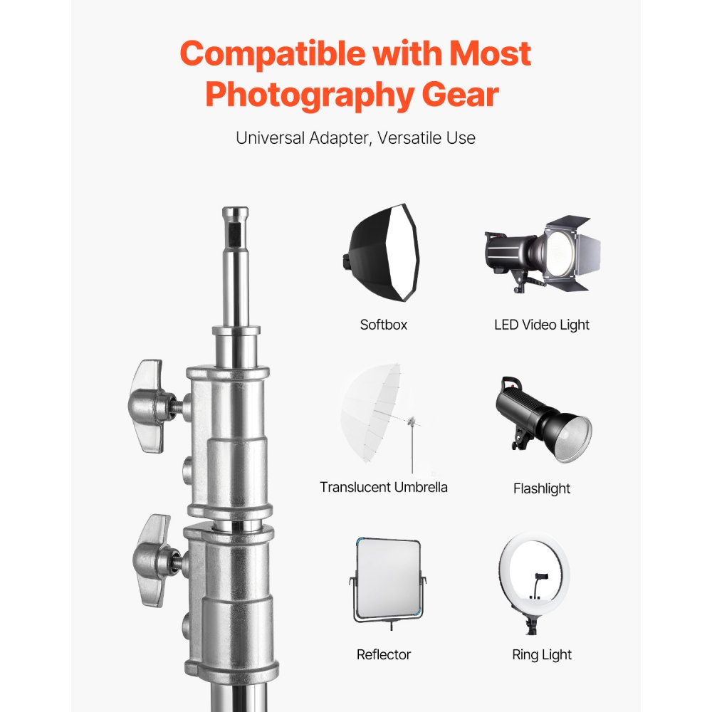 VEVOR Supporto C con Braccio a Braccio, Altezza Massima 330 cm Supporto per Luce Fotografica in Acciaio Inox Resistente con Altezza Regolabile 1463 a 2987 mm 2 Testine di Presa per Monoluce da Studio