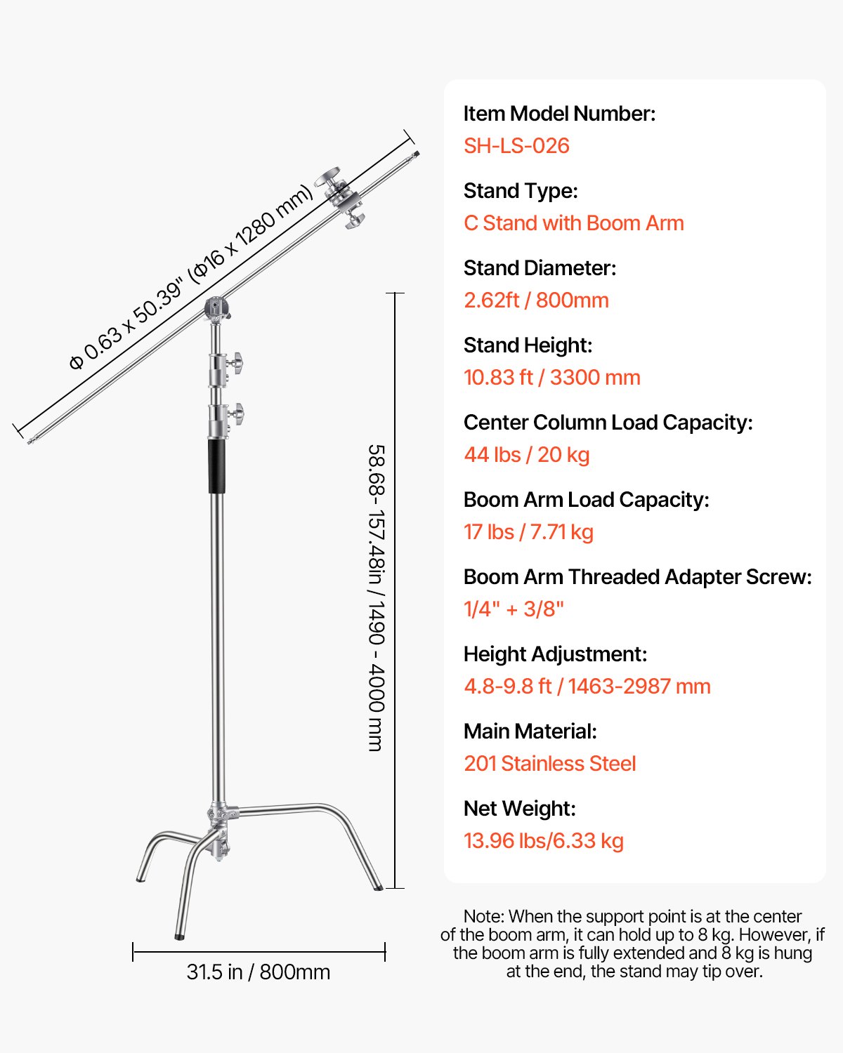 VEVOR Supporto C con Braccio a Braccio, Altezza Massima 330 cm Supporto per Luce Fotografica in Acciaio Inox Resistente con Altezza Regolabile 1463 a 2987 mm 2 Testine di Presa per Monoluce da Studio