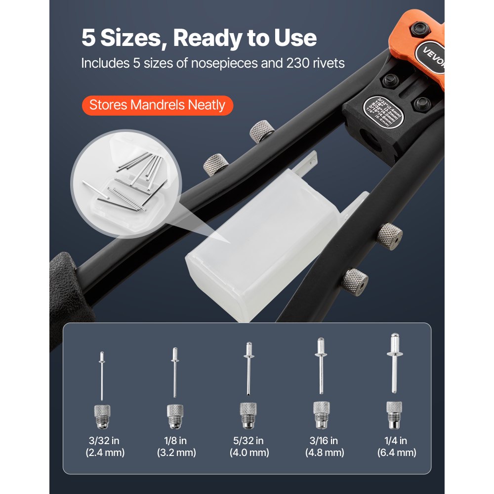 VEVOR Pop Rivet Gun Kit, with 230 Blind Rivets, Two-Handed Riveter with 5 Interchangeable Nosepieces, 5 Drill Bits, and a Carrying Case, Manual Riveting Tool for Metal, Automotive, Home, and DIY