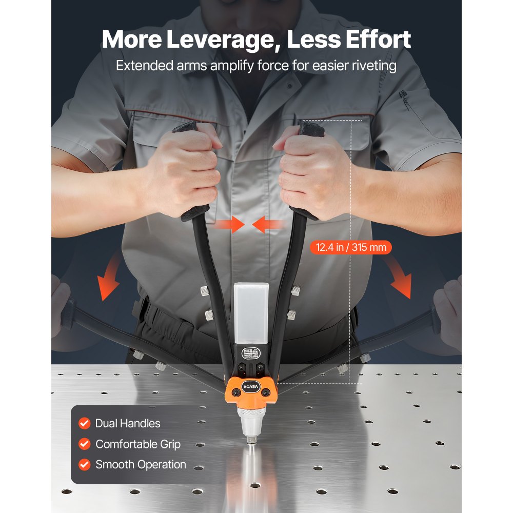 VEVOR Pop Rivet Gun Kit, with 230 Blind Rivets, Two-Handed Riveter with 5 Interchangeable Nosepieces, 5 Drill Bits, and a Carrying Case, Manual Riveting Tool for Metal, Automotive, Home, and DIY