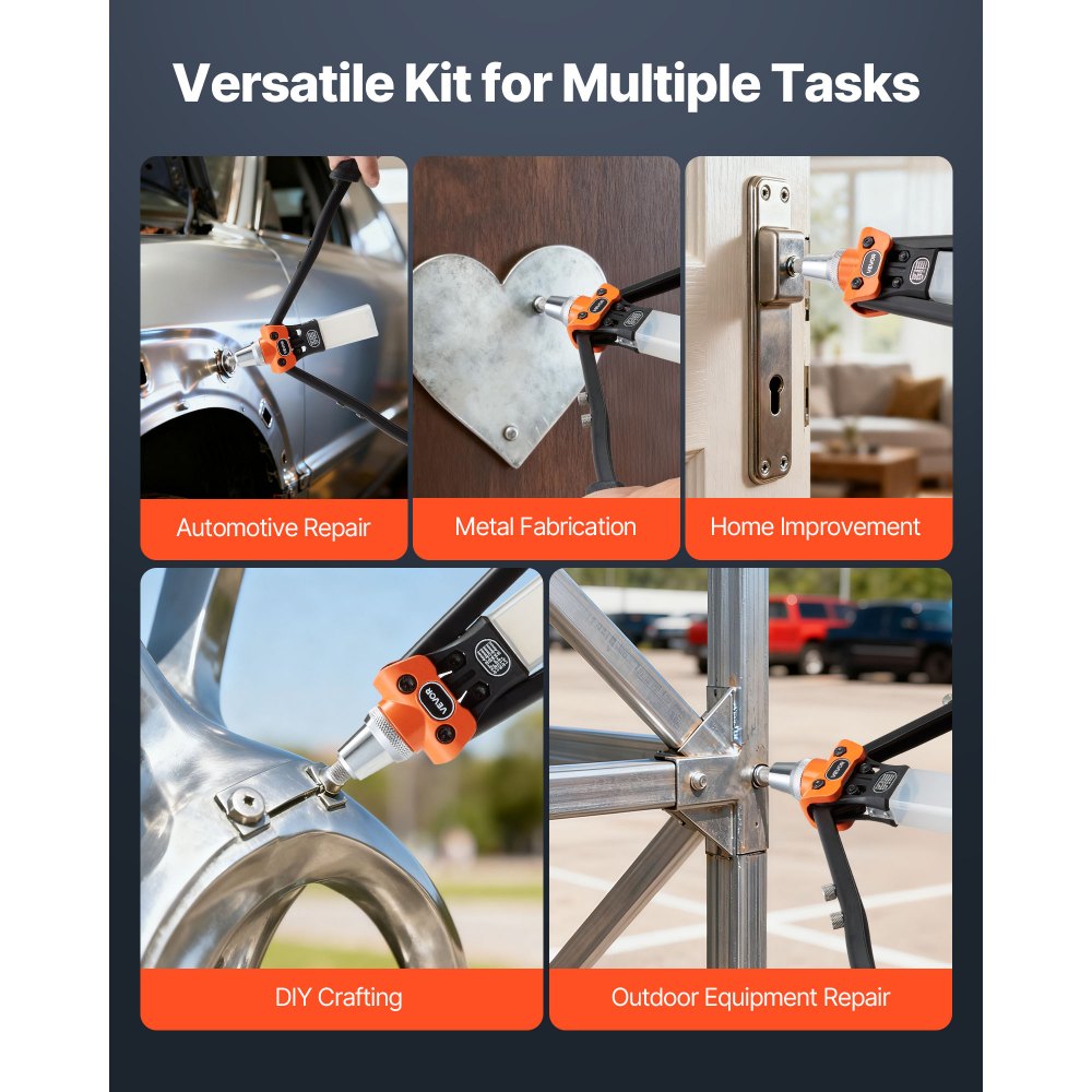 VEVOR Pop Rivet Gun Kit, with 230 Blind Rivets, Two-Handed Riveter with 5 Interchangeable Nosepieces, 5 Drill Bits, and a Carrying Case, Manual Riveting Tool for Metal, Automotive, Home, and DIY