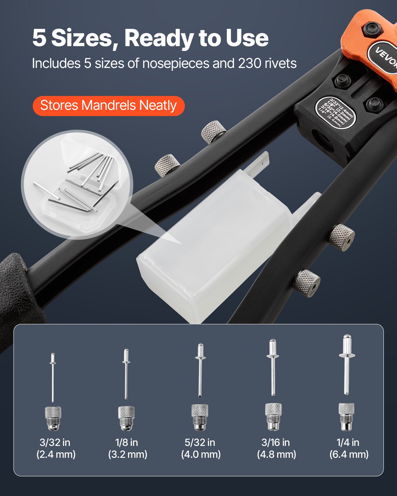 VEVOR Pop Rivet Gun Kit, with 230 Blind Rivets, Two-Handed Riveter with 5 Interchangeable Nosepieces, 5 Drill Bits, and a Carrying Case, Manual Riveting Tool for Metal, Automotive, Home, and DIY