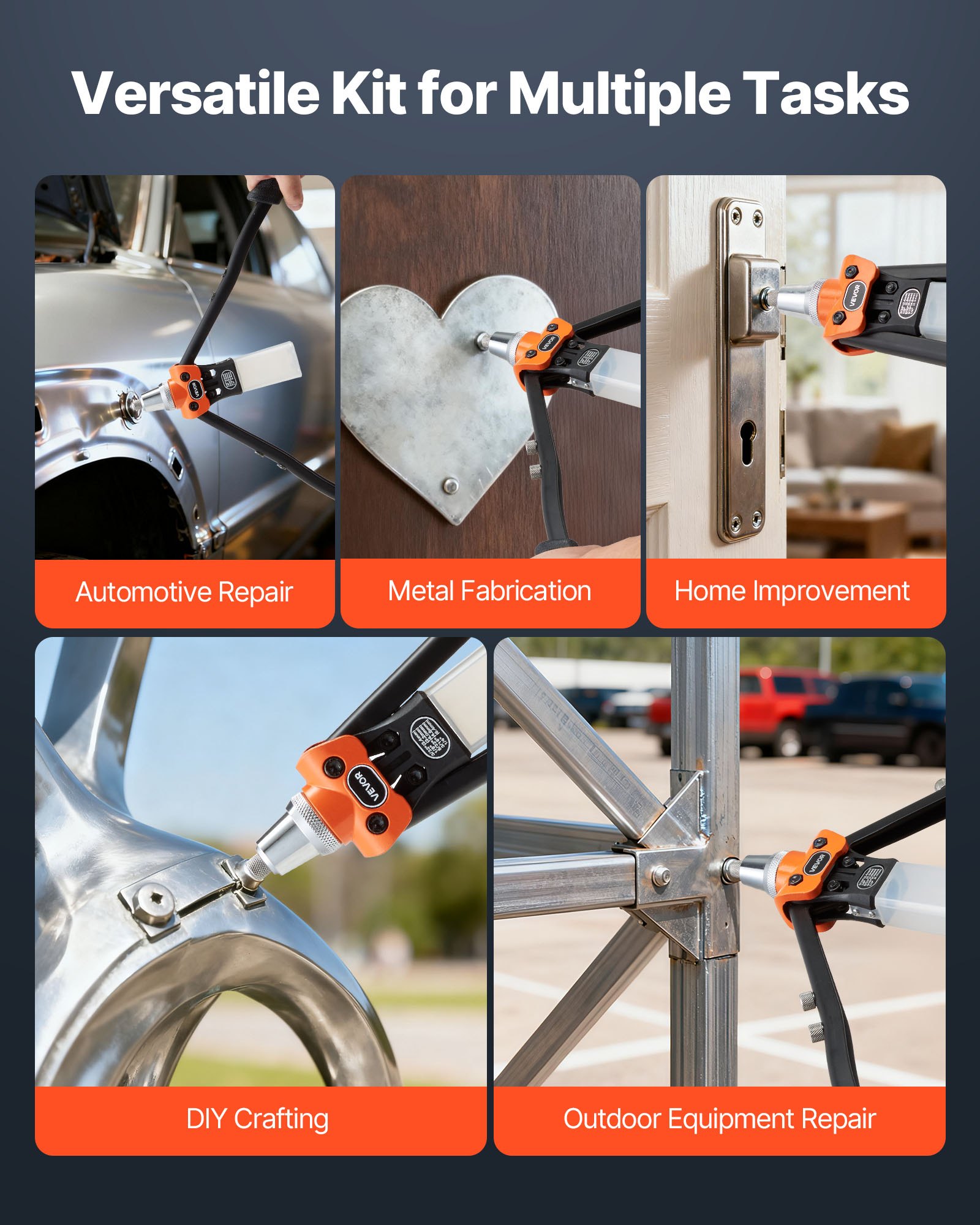 VEVOR Pop Rivet Gun Kit, with 230 Blind Rivets, Two-Handed Riveter with 5 Interchangeable Nosepieces, 5 Drill Bits, and a Carrying Case, Manual Riveting Tool for Metal, Automotive, Home, and DIY