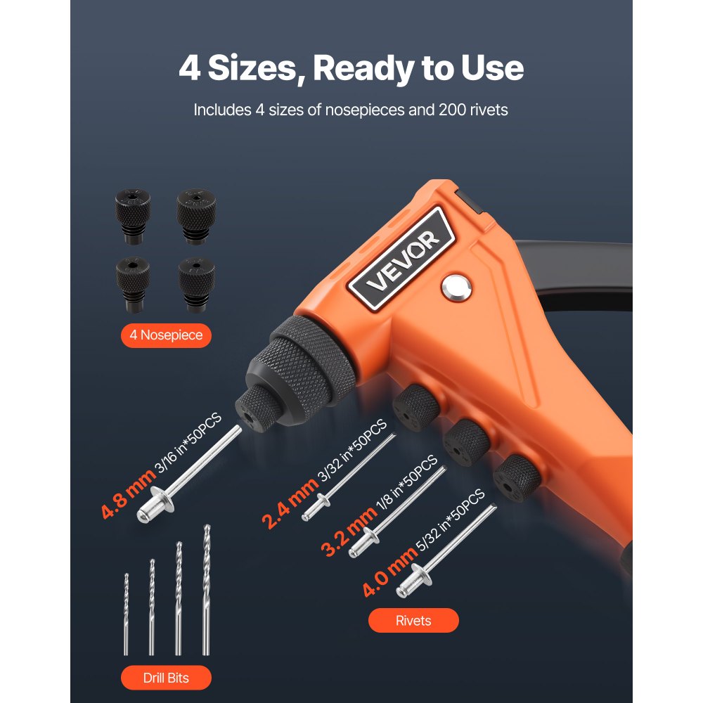 VEVOR Pop Rivet Gun Kit, with 200 Blind Rivets, Heavy Duty Single Hand Riveter with 4 Interchangeable Nosepieces, 4 Drill Bits, and a Carrying Case, Manual Riveting Tool for Metal, Automotive, Home