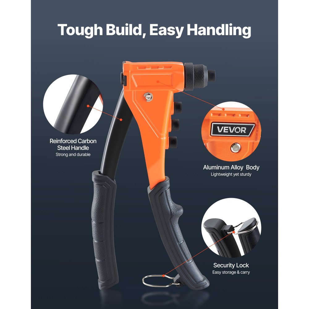 VEVOR Pop Rivet Gun Kit, with 200 Blind Rivets, Heavy Duty Single Hand Riveter with 4 Interchangeable Nosepieces, 4 Drill Bits, and a Carrying Case, Manual Riveting Tool for Metal, Automotive, Home