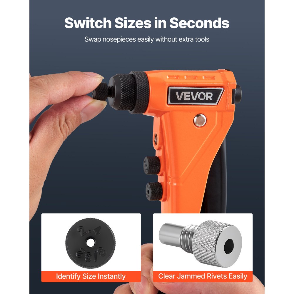 VEVOR Pop Rivet Gun Kit, with 200 Blind Rivets, Heavy Duty Single Hand Riveter with 4 Interchangeable Nosepieces, 4 Drill Bits, and a Carrying Case, Manual Riveting Tool for Metal, Automotive, Home