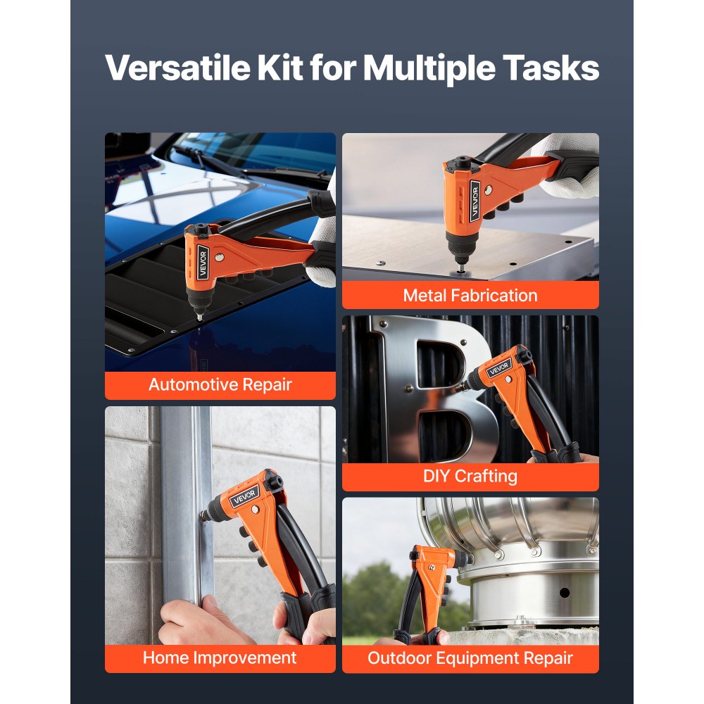 VEVOR Pop Rivet Gun Kit, with 200 Blind Rivets, Heavy Duty Single Hand Riveter with 4 Interchangeable Nosepieces, 4 Drill Bits, and a Carrying Case, Manual Riveting Tool for Metal, Automotive, Home