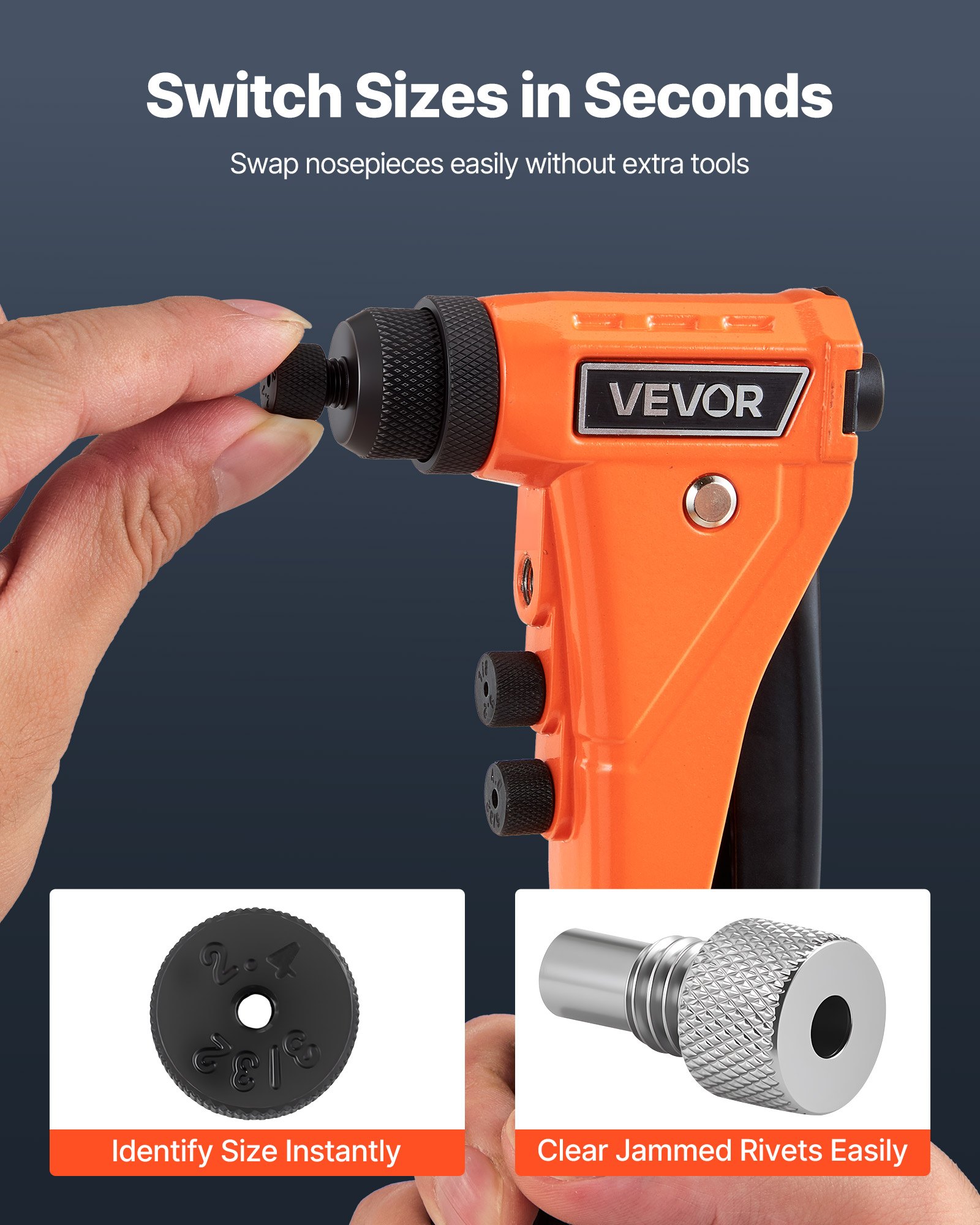VEVOR Pop Rivet Gun Kit, with 200 Blind Rivets, Heavy Duty Single Hand Riveter with 4 Interchangeable Nosepieces, 4 Drill Bits, and a Carrying Case, Manual Riveting Tool for Metal, Automotive, Home