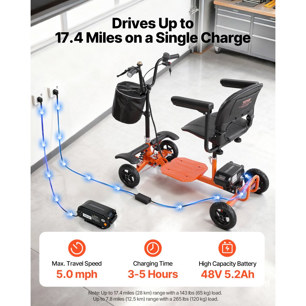 VEVOR Scooter Elettrico a 4 Ruota Pieghevole, Fuoristrada, Capacità di Salita di 8°, Capacità di Carico di 120 kg, con Batteria al Litio da 48 V 5,2 Ah, Scooter per Adulti, Anziani, Disabili